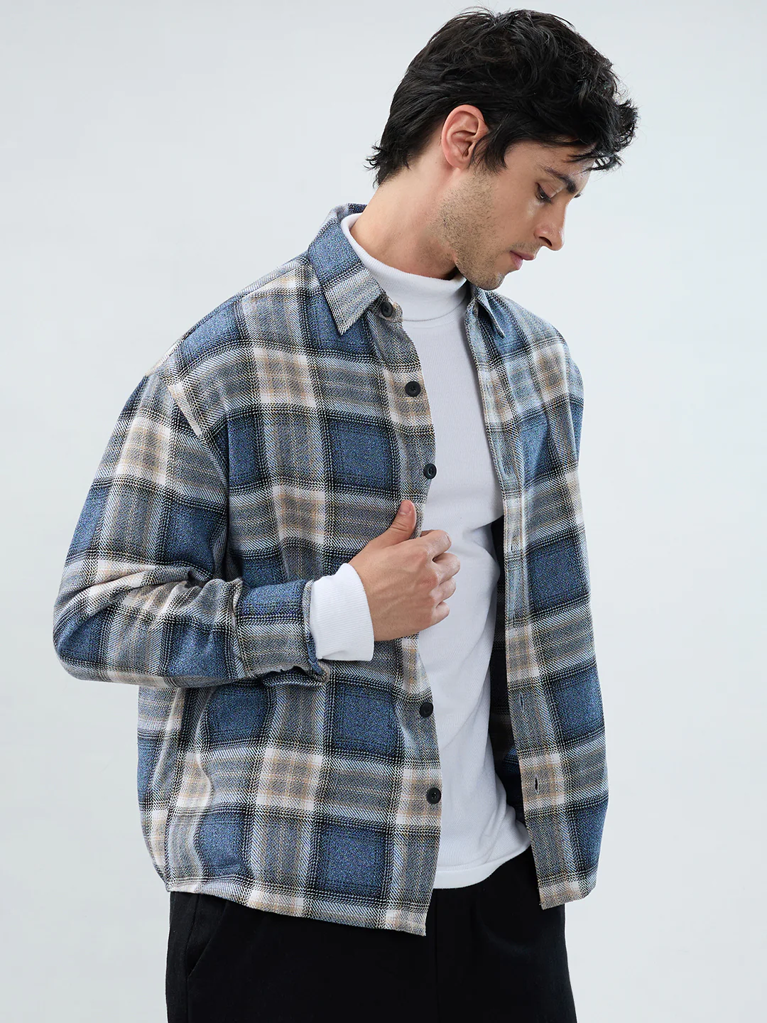 Aegean Blue Checkered Boxy Fit Crop Shirt - Image 5