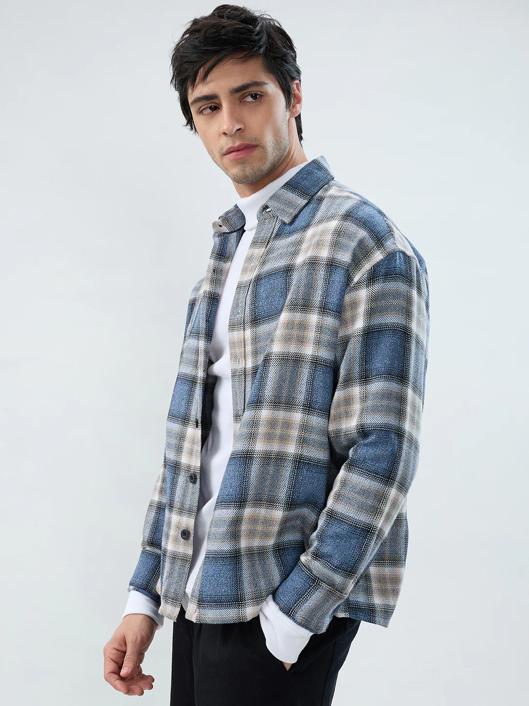 Aegean Blue Checkered Boxy Fit Crop Shirt - Image 6