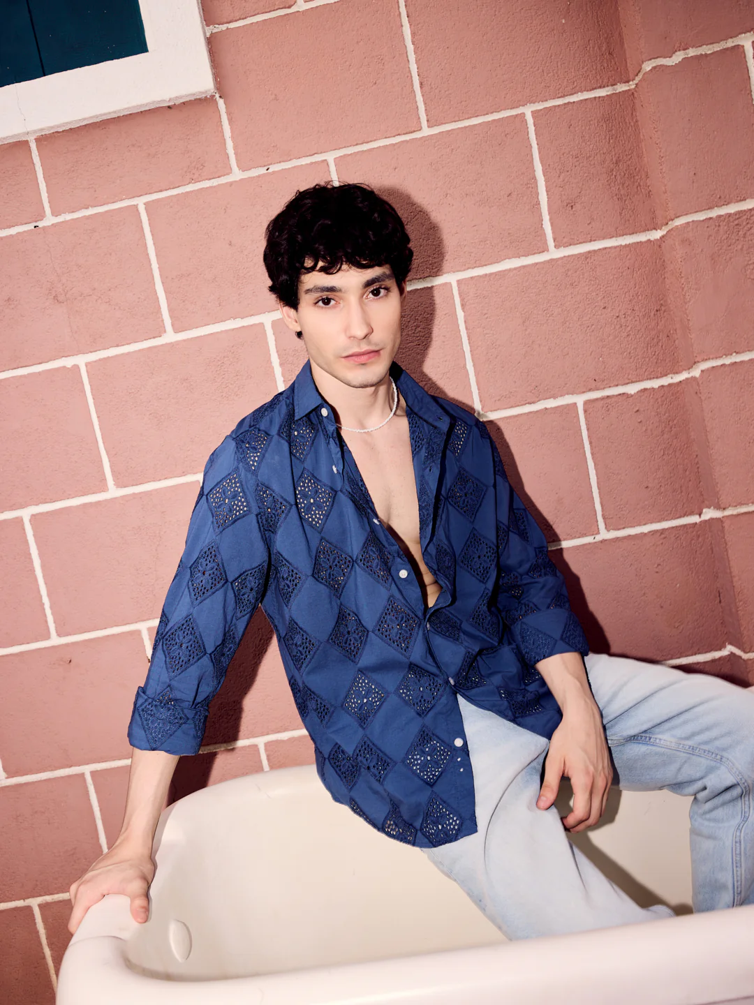 Aegean Blue Diamond Schiffli Shirt - Image 2