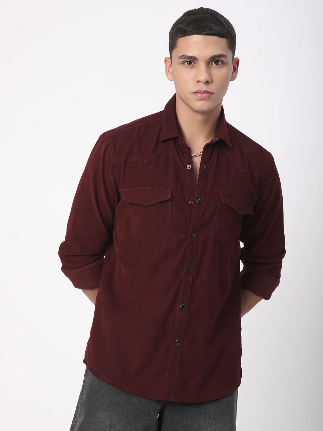 Aesthetic Maroon Double Flap Pocket Corduroy Overshirt - Image 4