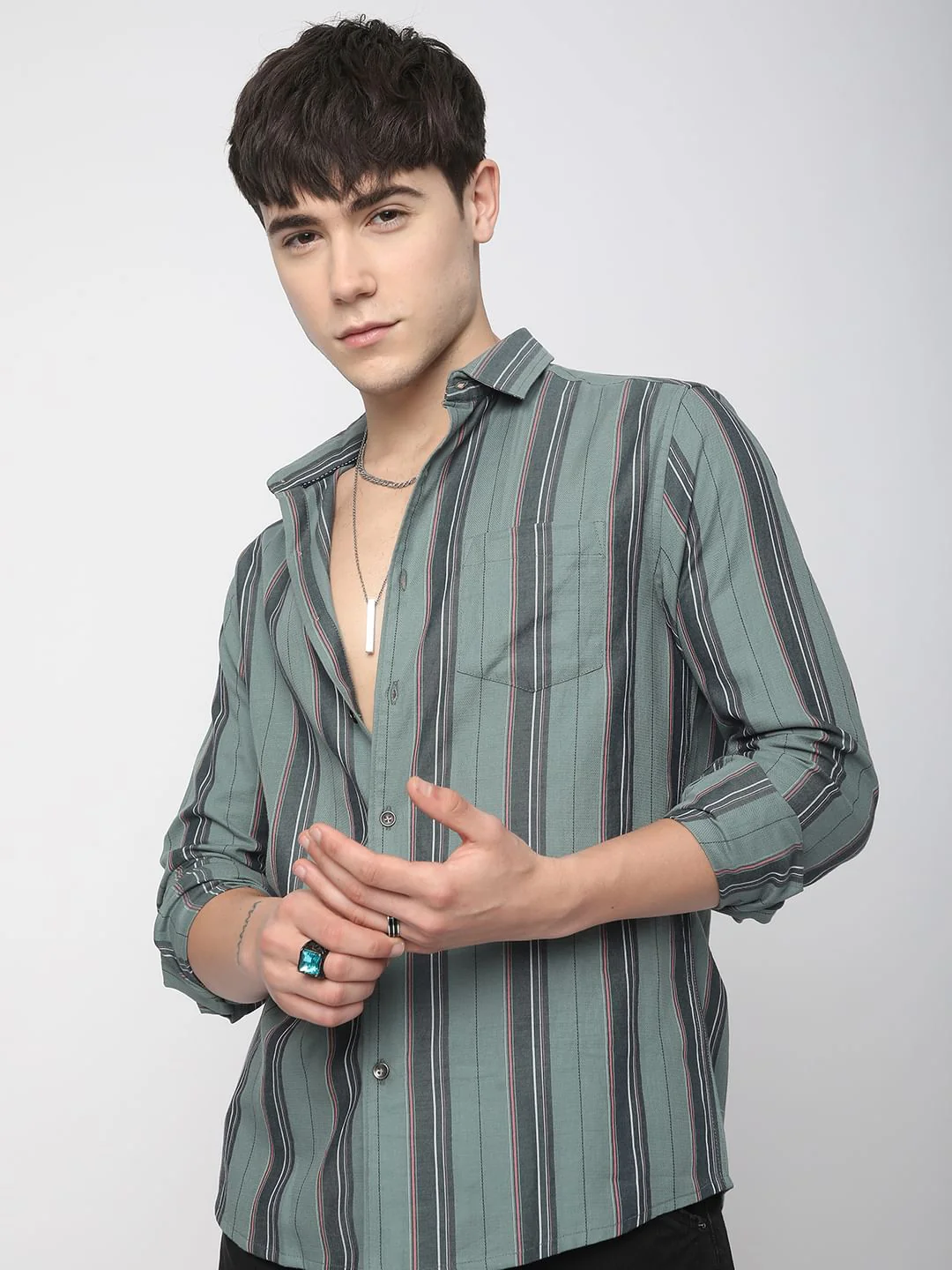 Alluring Submarine Green Striped Shirt