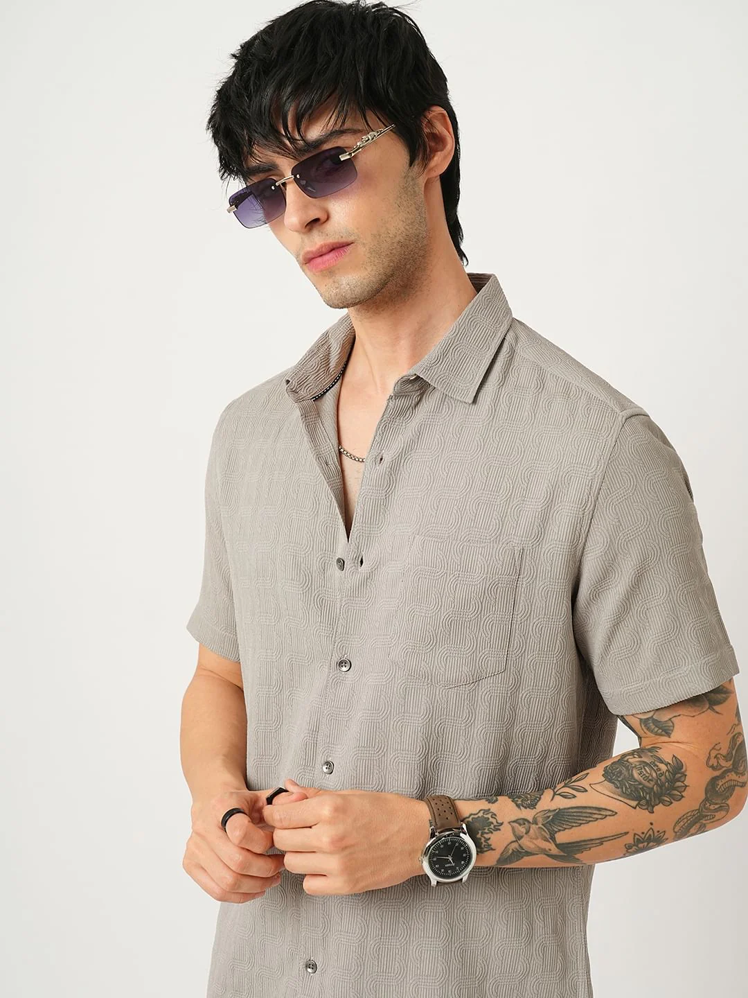 Arched Hazelnut Beige Textured Shirt - Image 4