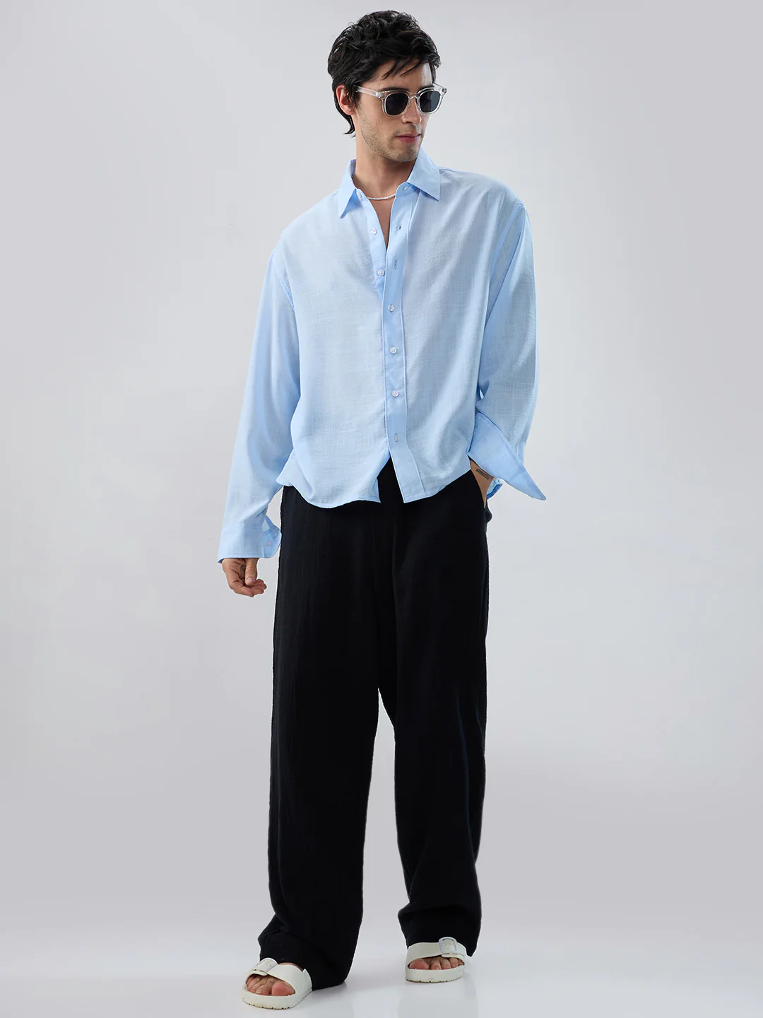Baby Blue Slub Textured Boxy Fit Crop Shirt - Image 8