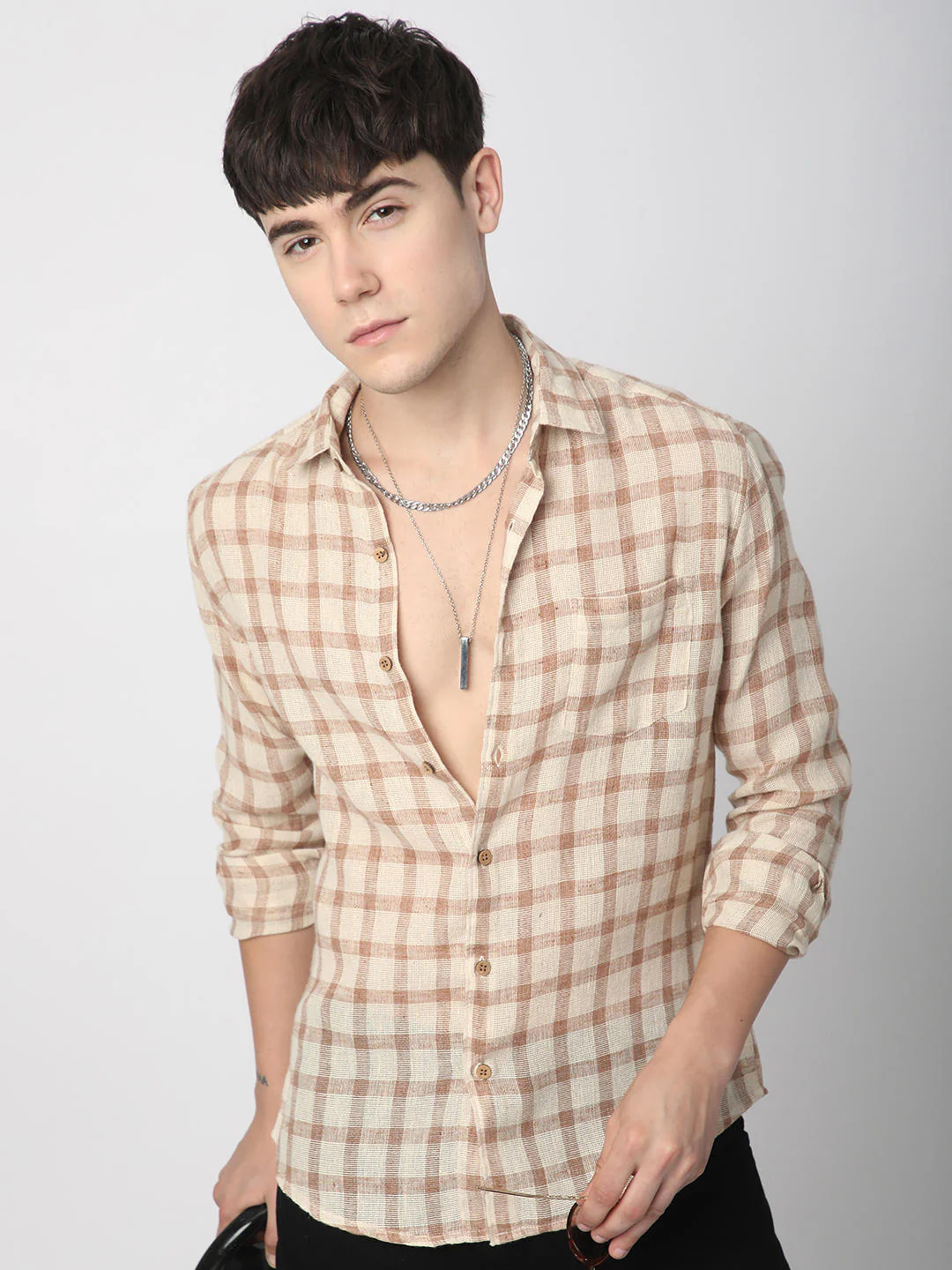 Beige & Brown Buffalo Checked Burlap Shirt