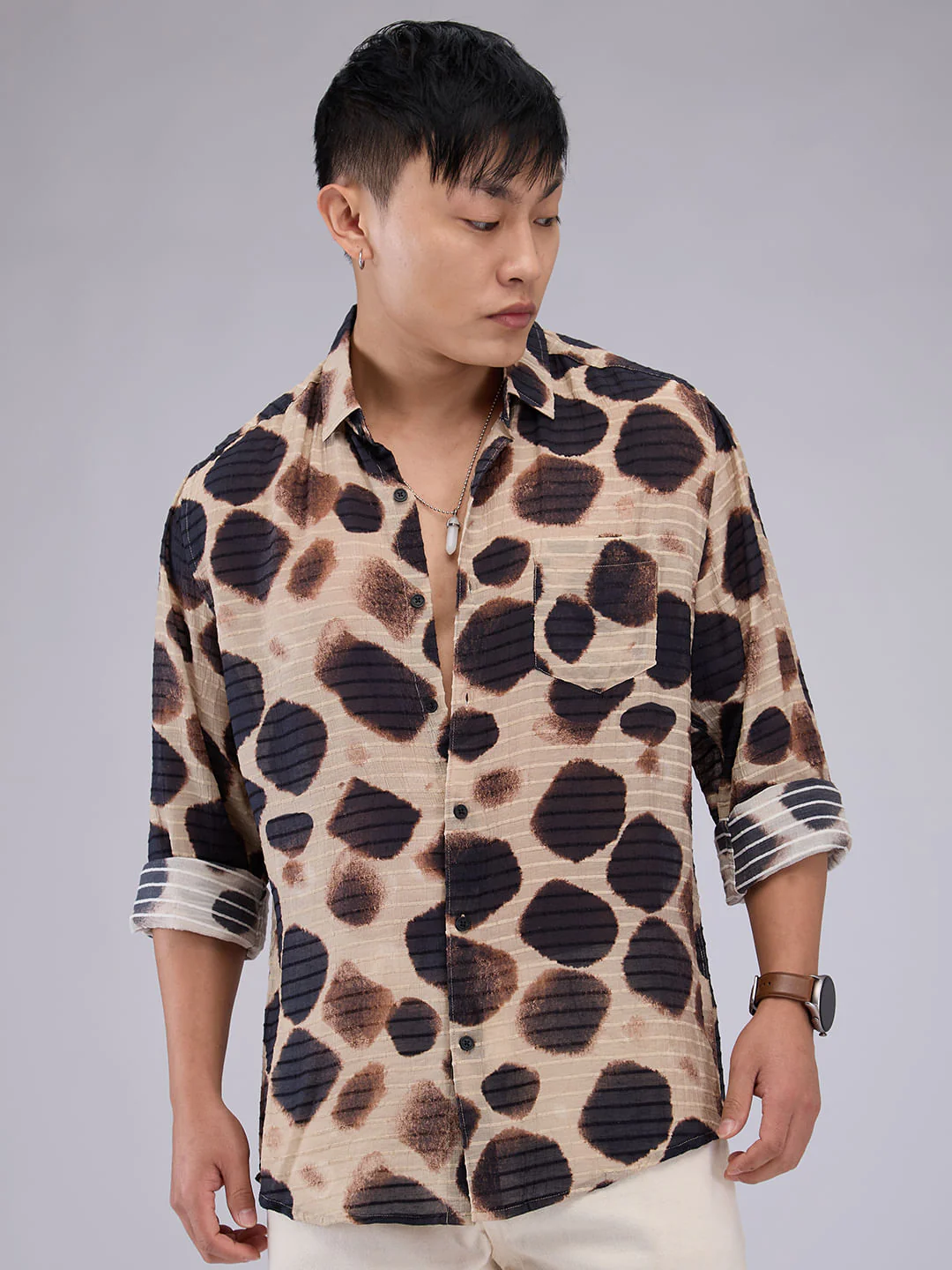 Beige Horizontal Dobby Striped Hawaiian Shirt - Image 5