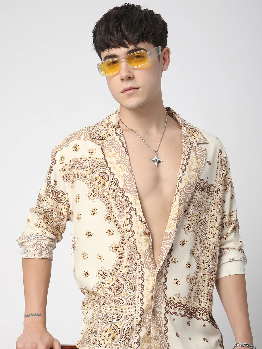 Beige Paisley Printed Lapel Collar Oversized Shirt