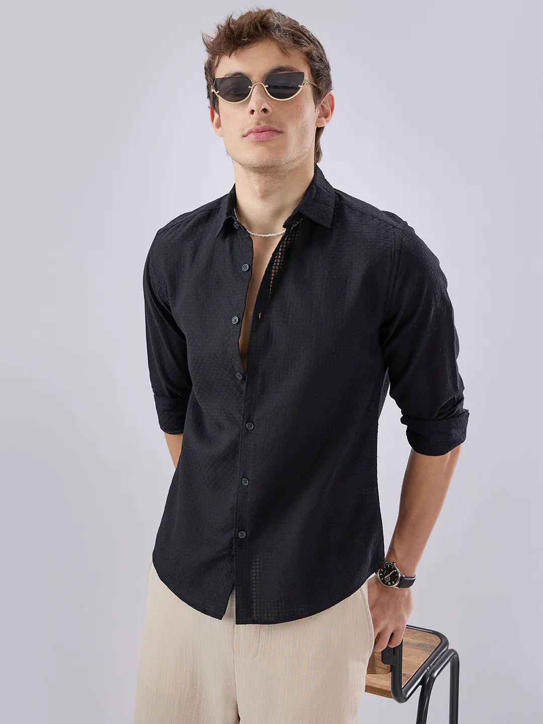 Black Open Weave Refined Textured Shirt - Image 2