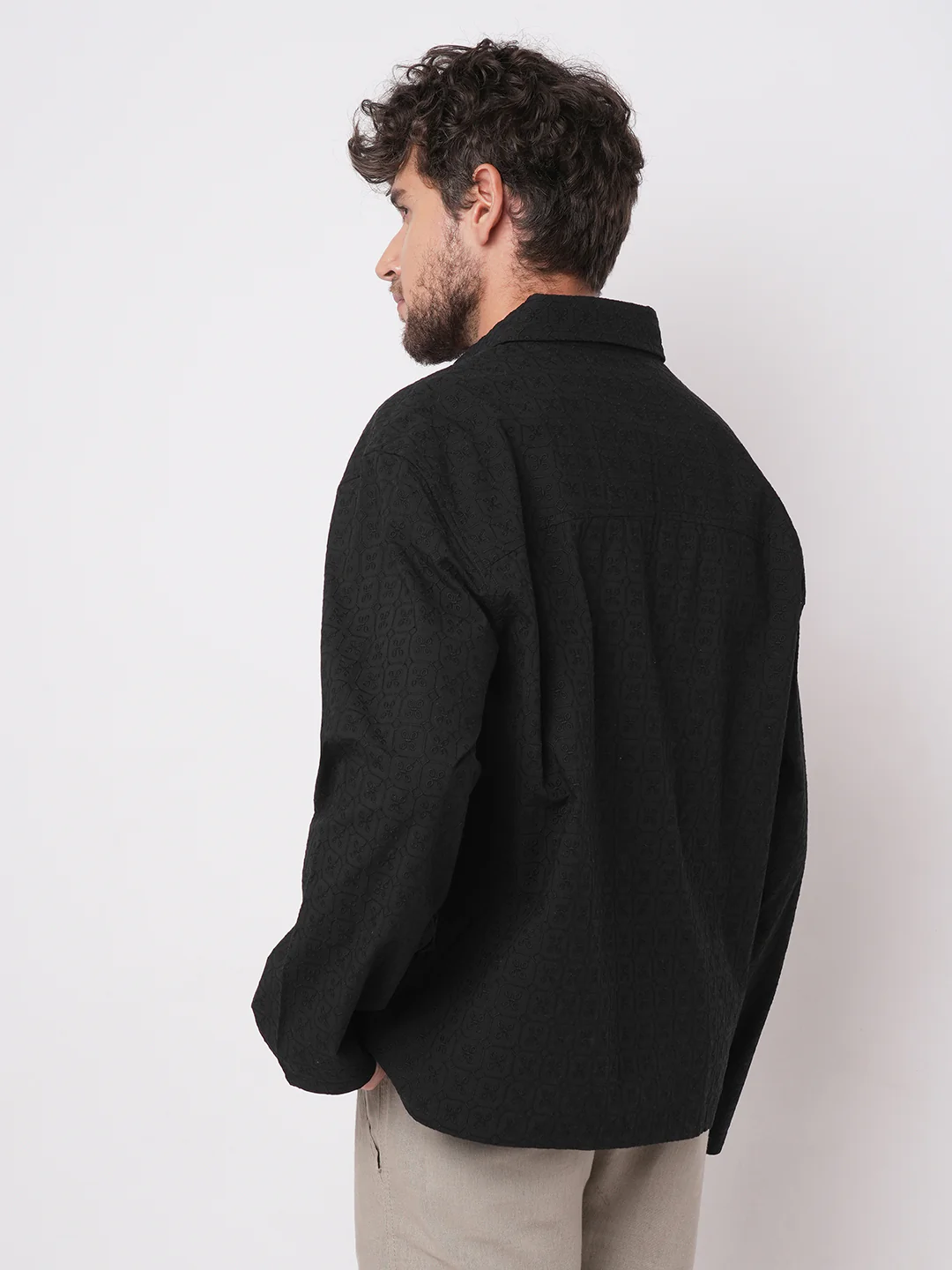 Black Petal Grid Embroidered Polo Neck Oversized Shirt - Image 6
