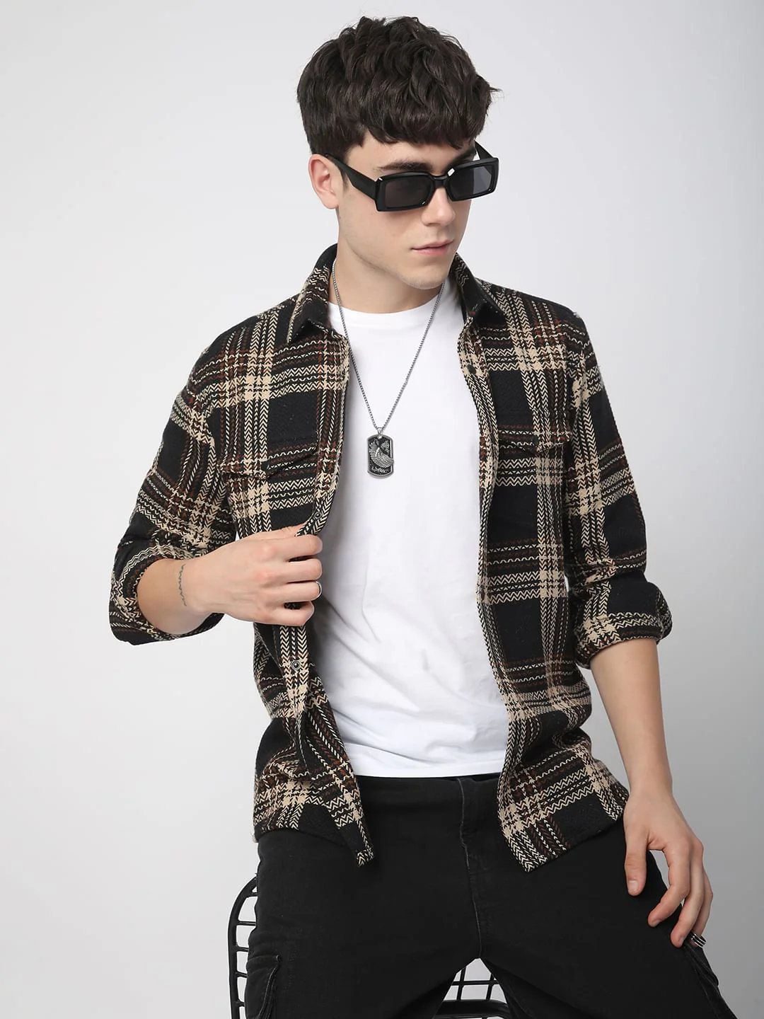 Black Tweed Checks Double Flap Pocket Shirt - Image 4