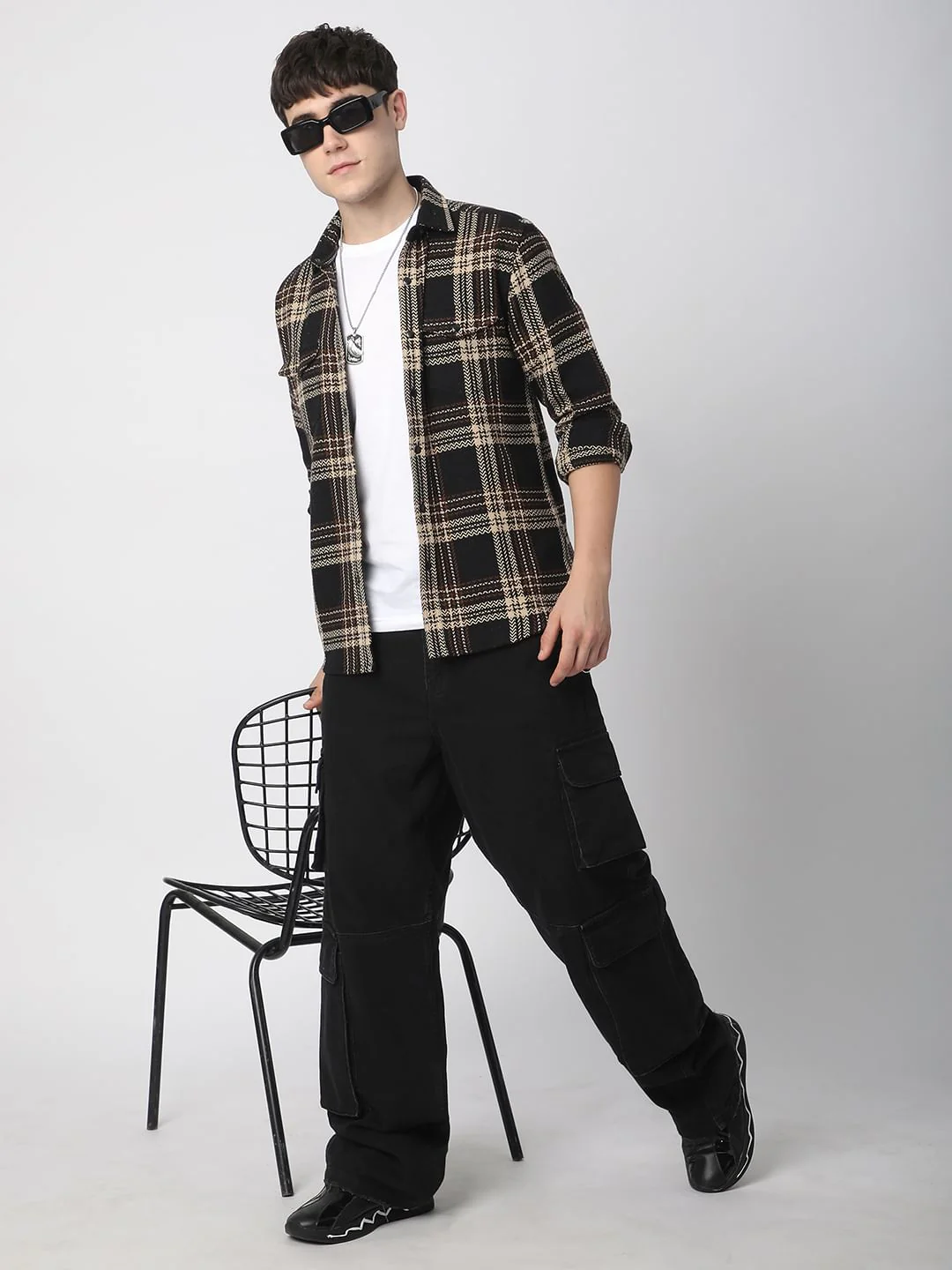 Black Tweed Checks Double Flap Pocket Shirt - Image 8