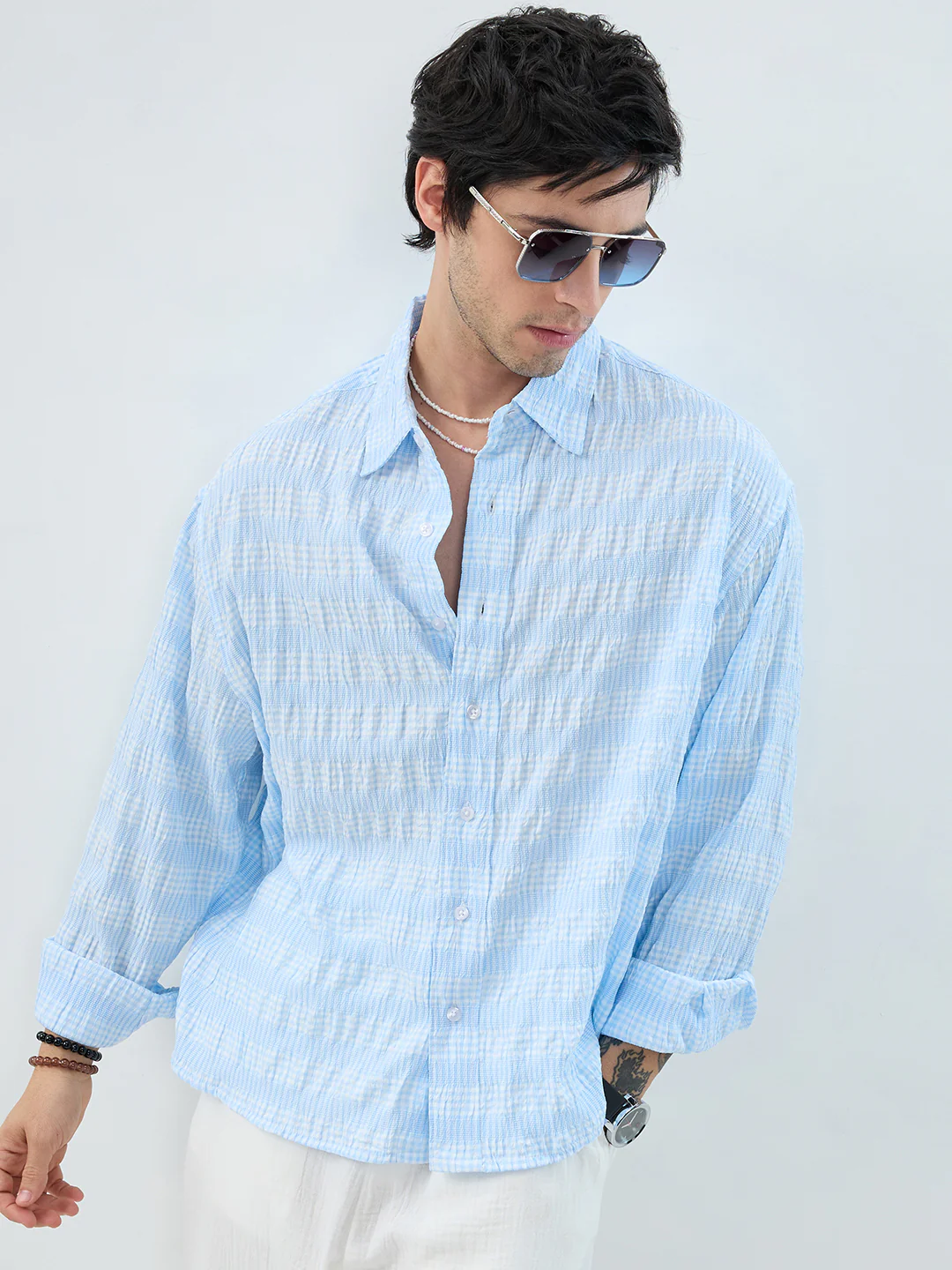 Blue & White Seersucker Gingham Checks Boxy Fit Crop Shirt