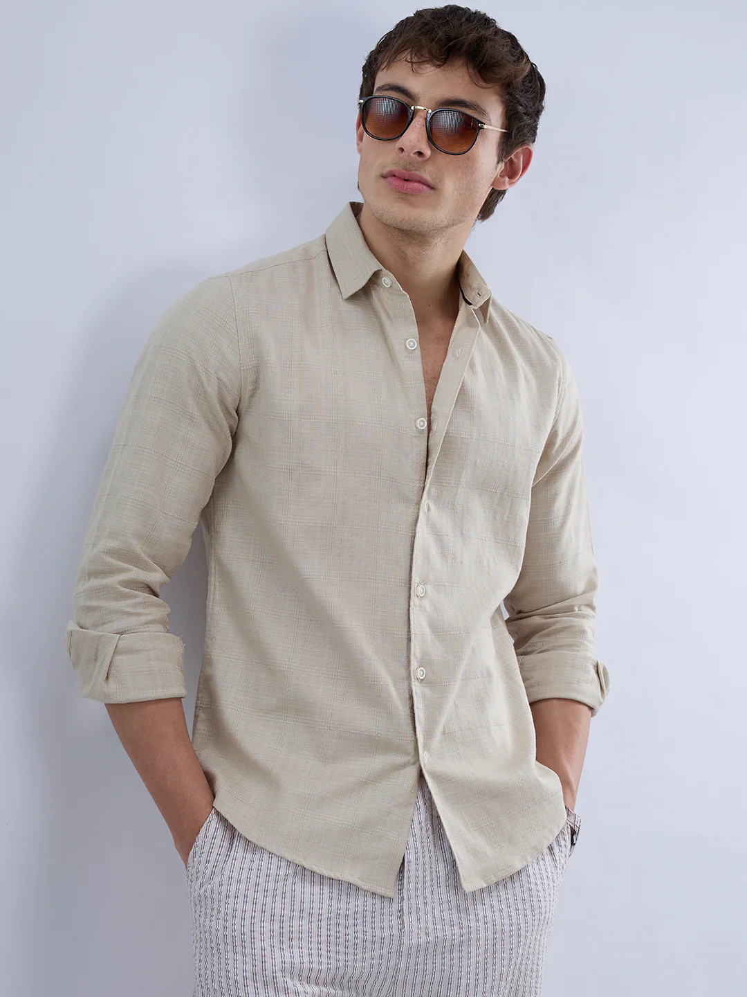 Bone Beige Textured Weave Shirt