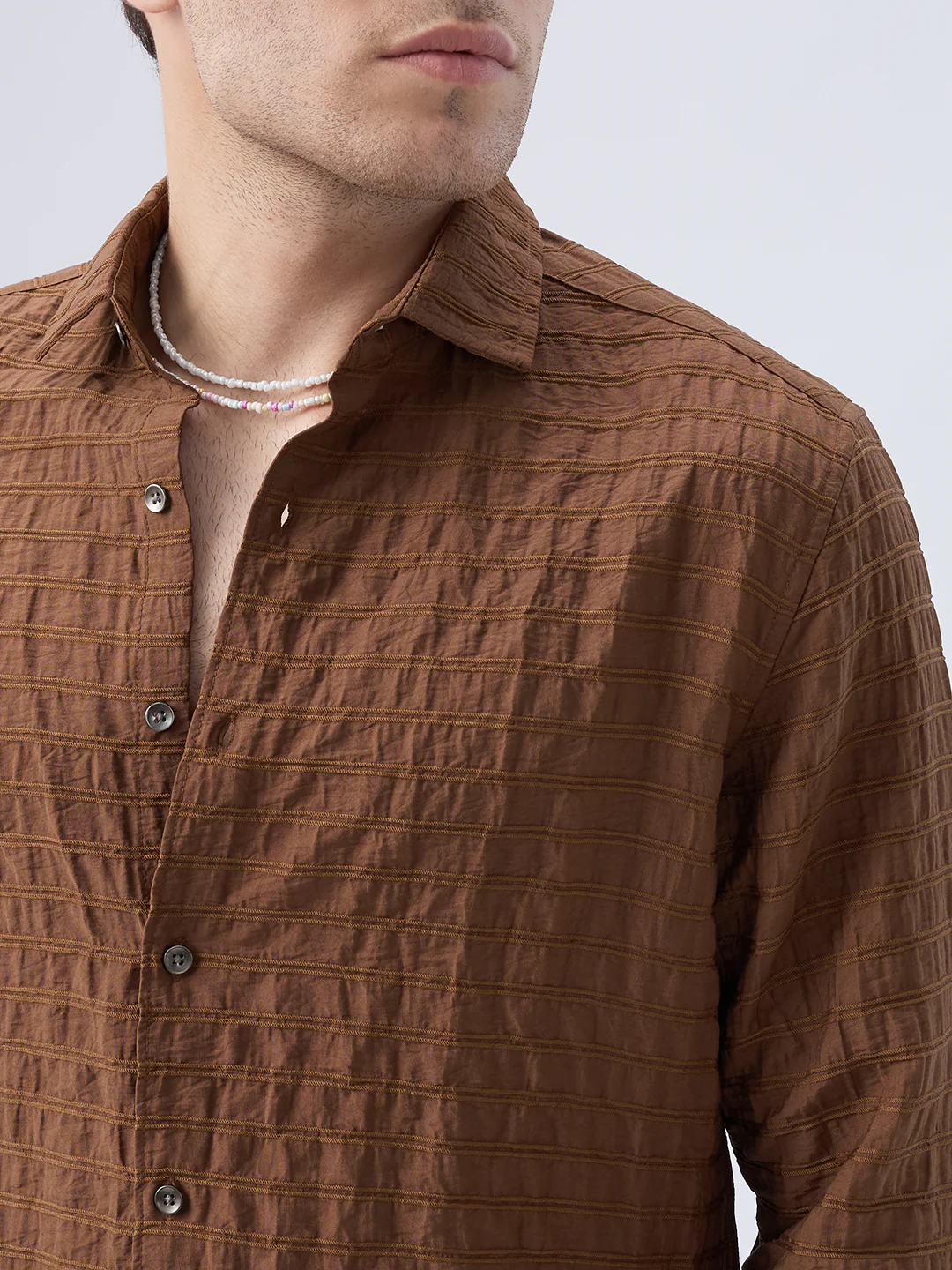 Brown Horizontal Stripes Textured Crinkled Shirt - Image 3