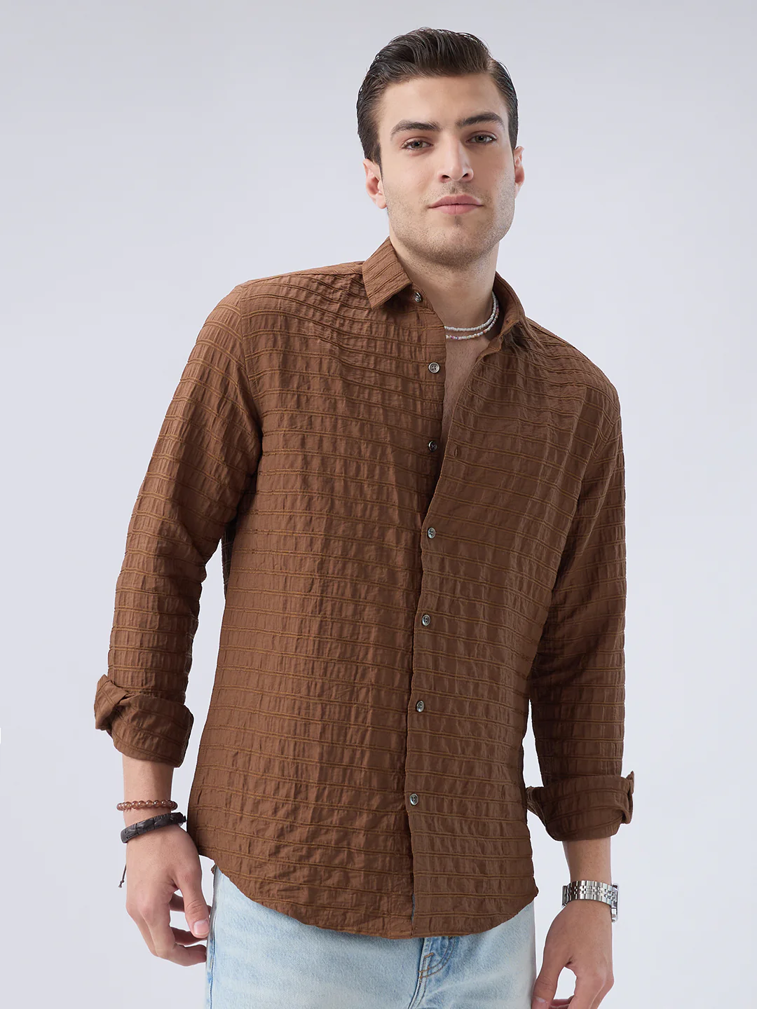Brown Horizontal Stripes Textured Crinkled Shirt - Image 4