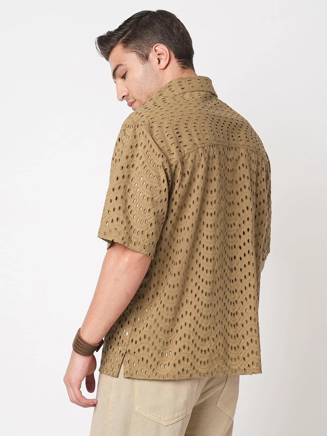 Camel Beige Curved Schiffli Oversized Polo Shirt - Image 7