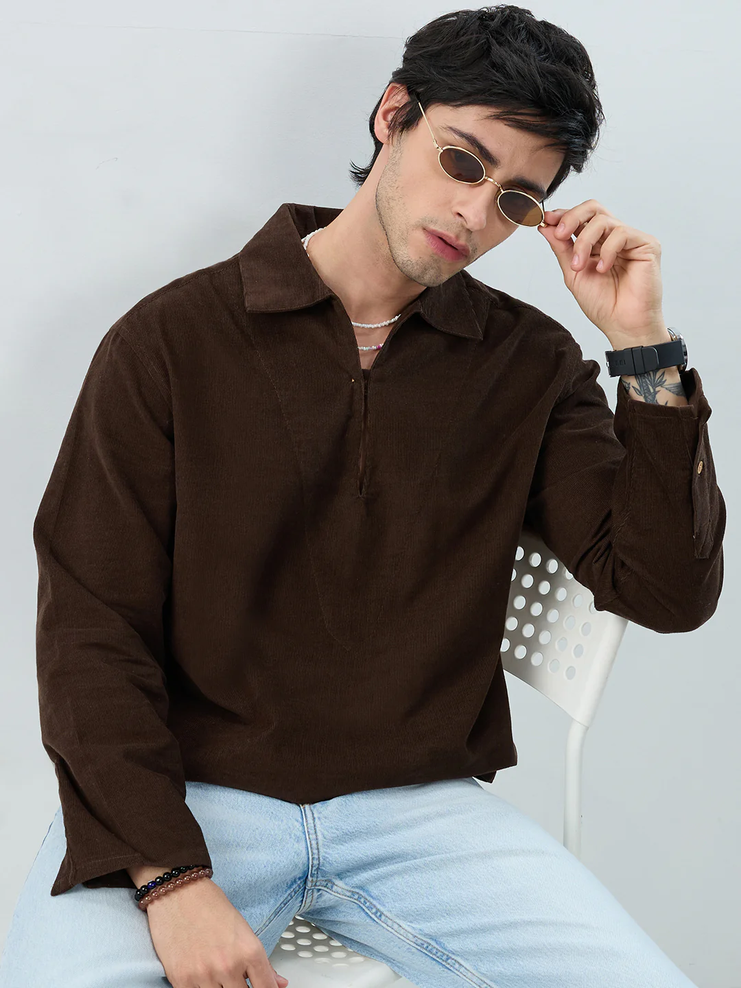 Carob Brown Corduroy Cuffless Oversized Shirt