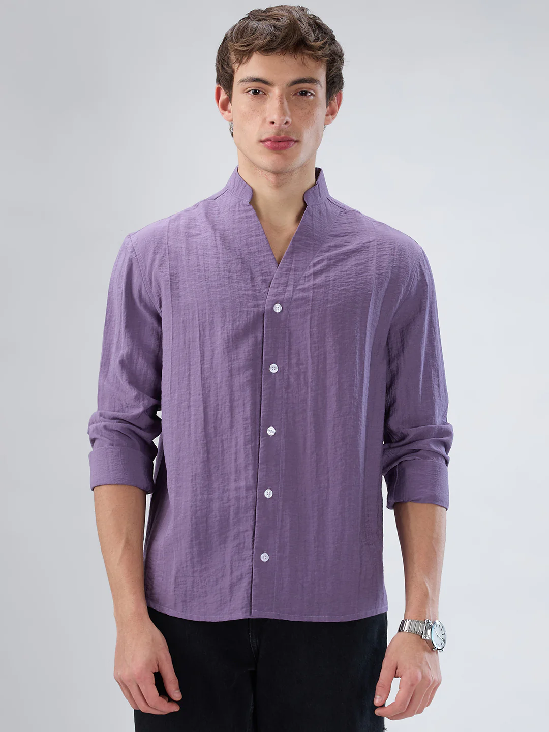 Chinese Violet Crinkled Stand Collar Oversized Shirt - Image 5