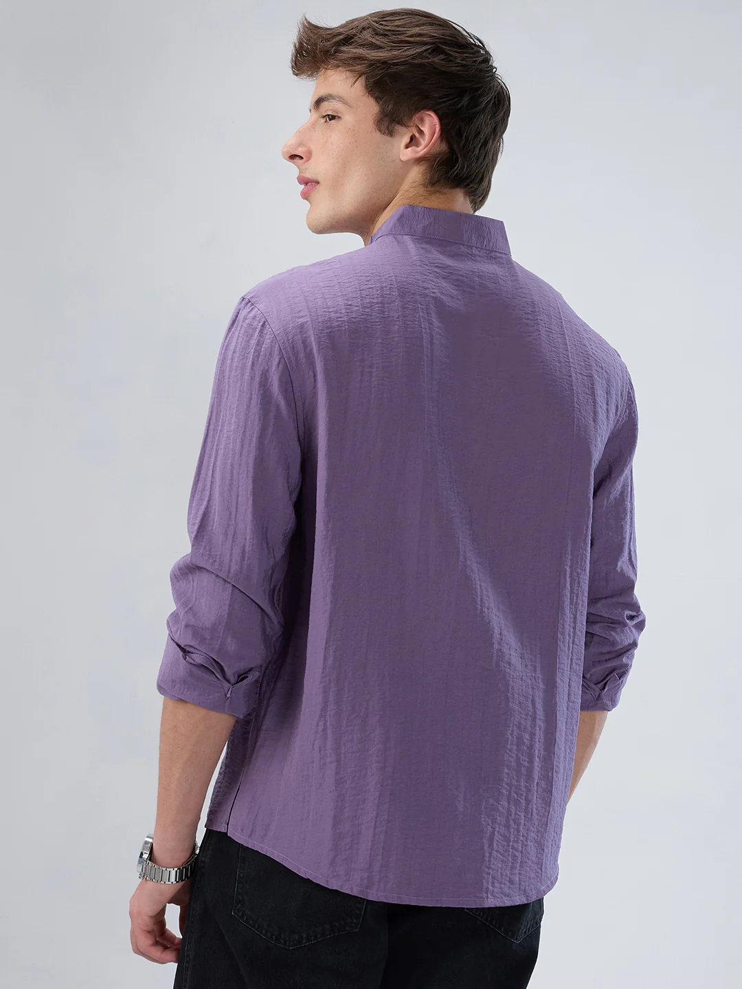 Chinese Violet Crinkled Stand Collar Oversized Shirt - Image 7