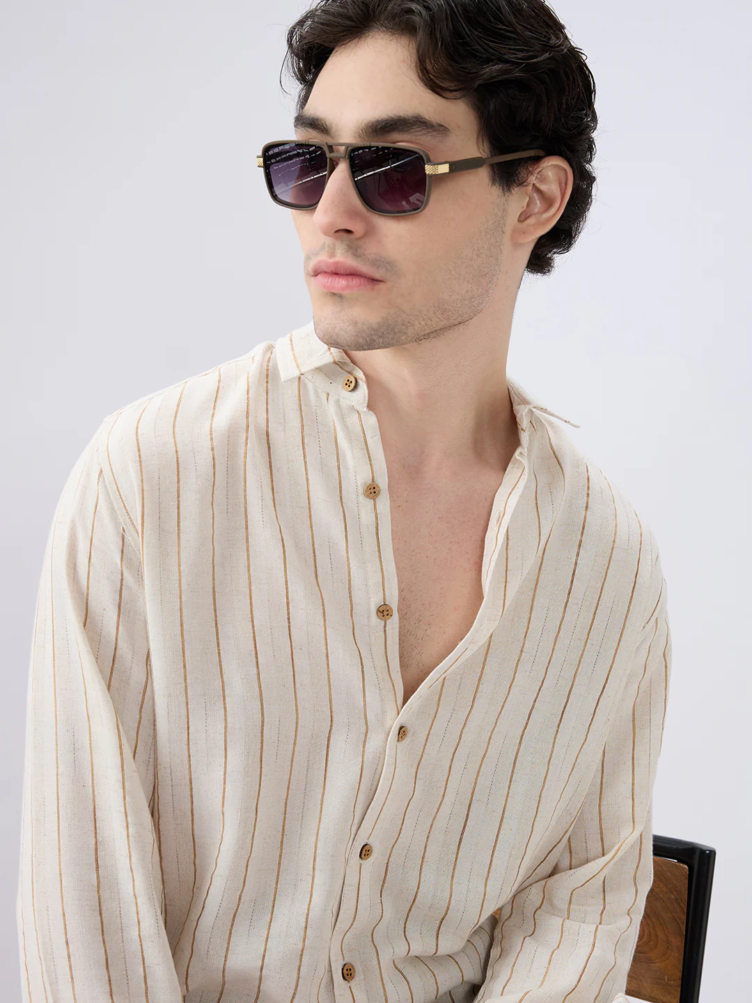 Classic Grainy Beige Striped Linen Blend Shirt - Image 2