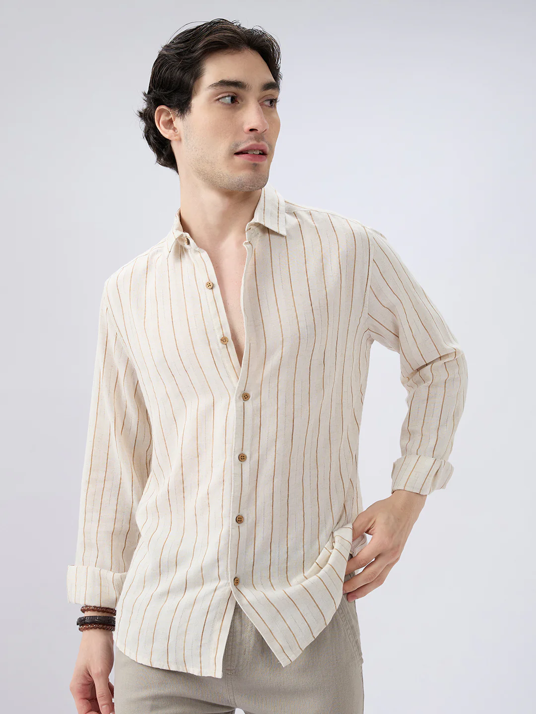 Classic Grainy Beige Striped Linen Blend Shirt - Image 4