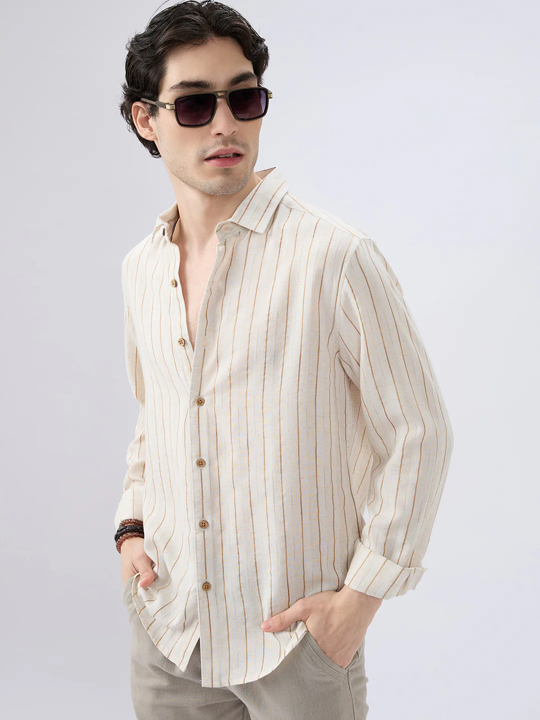 Classic Grainy Beige Striped Linen Blend Shirt - Image 5