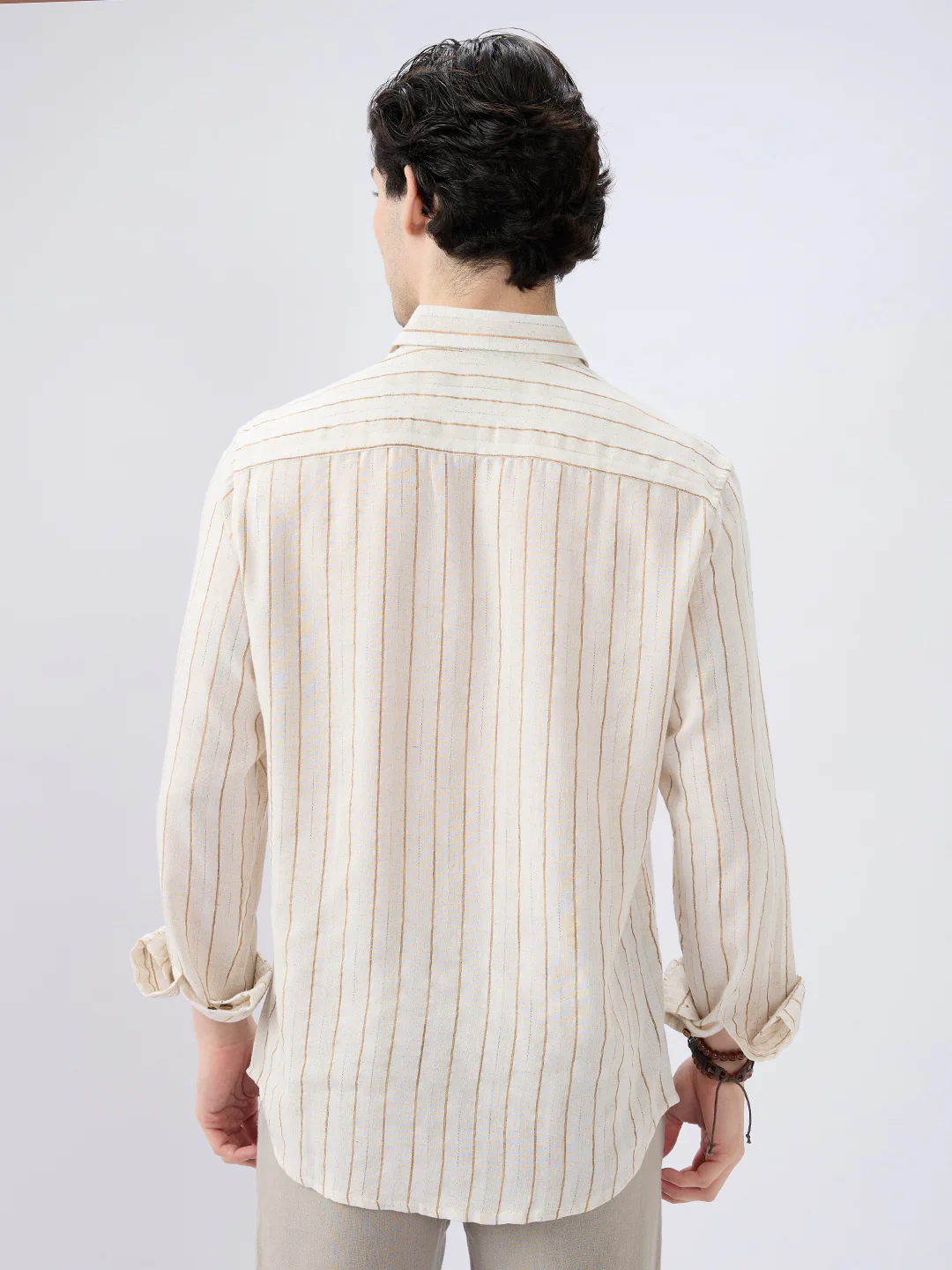 Classic Grainy Beige Striped Linen Blend Shirt - Image 7