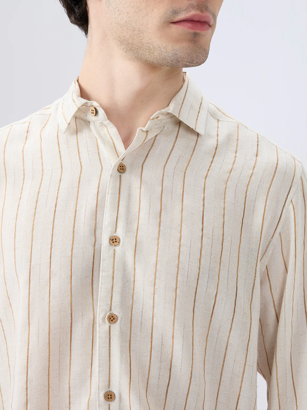 Classic Grainy Beige Striped Linen Blend Shirt - Image 9