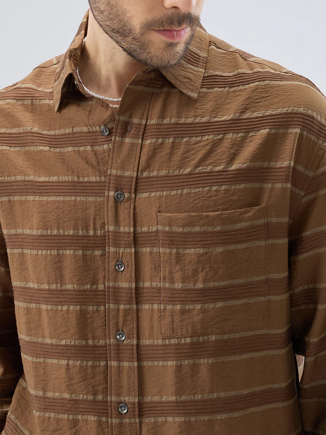 Coffee Brown Textured Boxy Fit Crop Shirt - Image 3