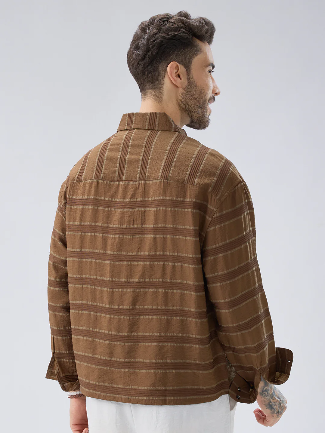 Coffee Brown Textured Boxy Fit Crop Shirt - Image 7