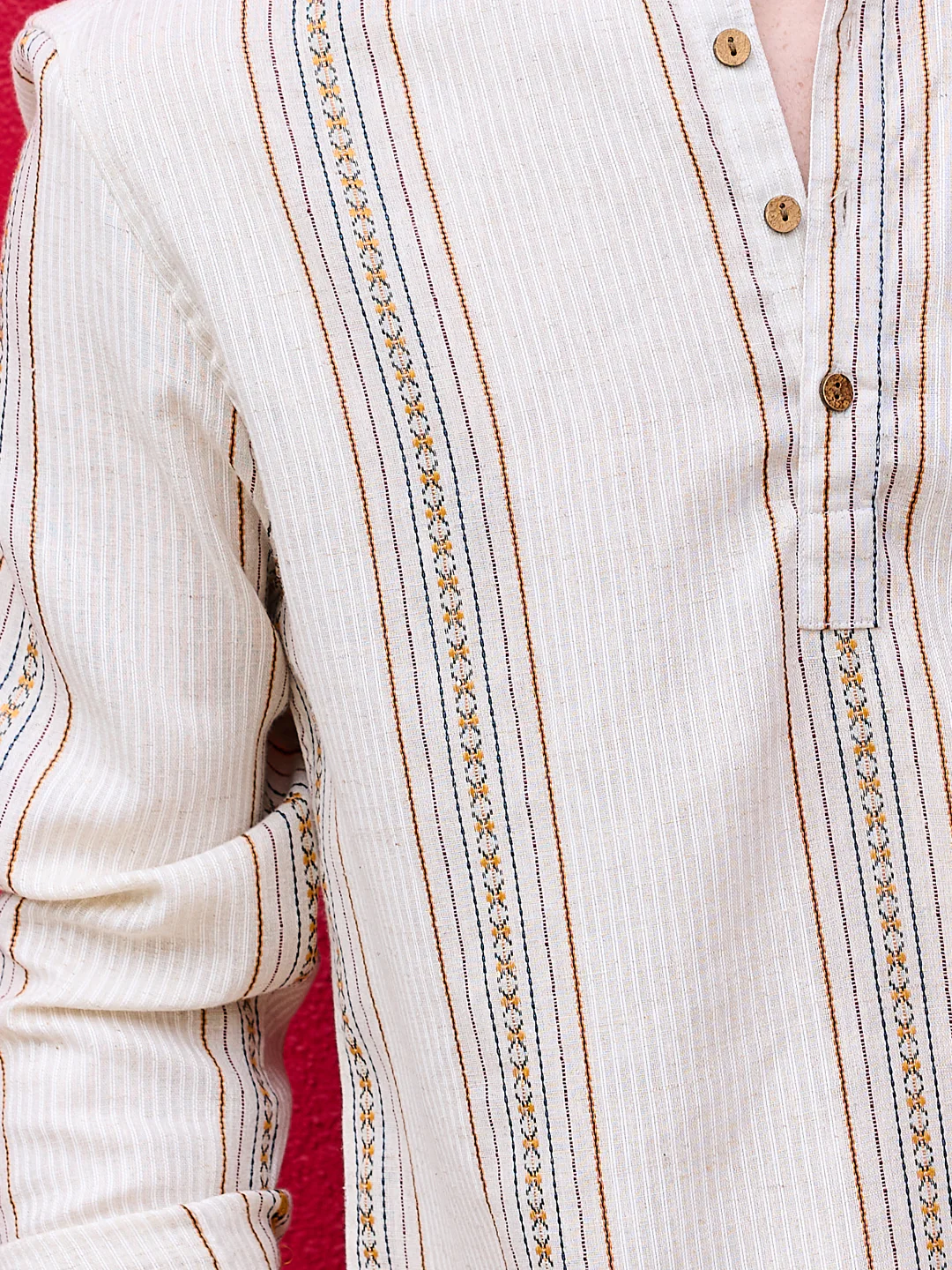 Cream Embroidered Striped Linen Kurta - Image 3