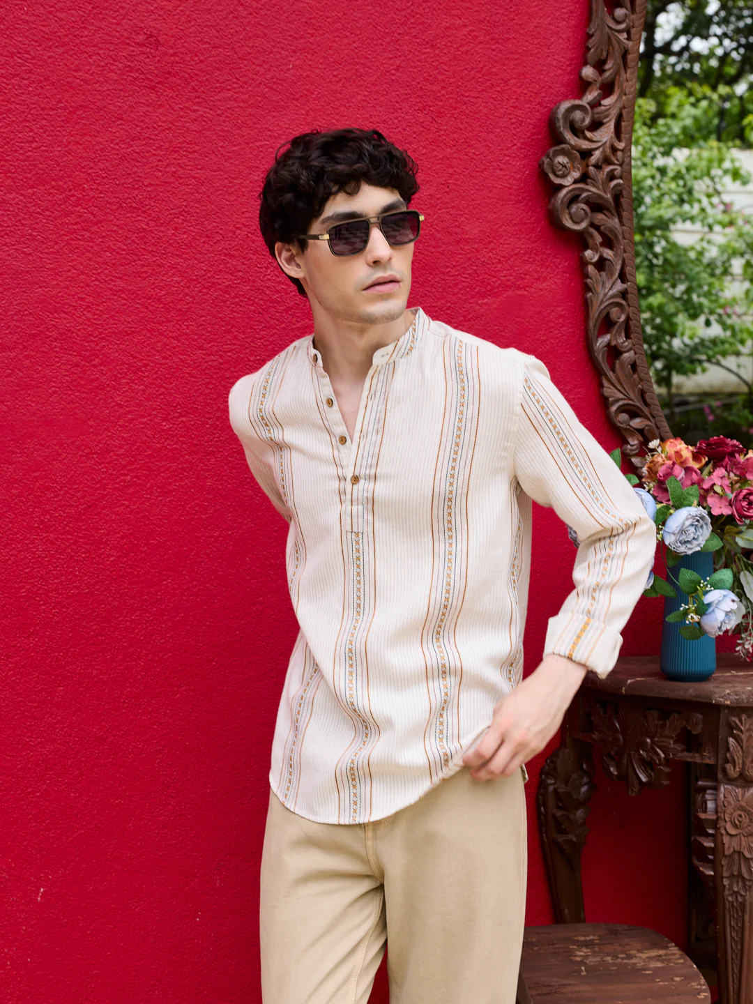 Cream Embroidered Striped Linen Kurta - Image 4