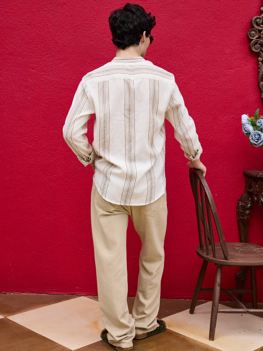 Cream Embroidered Striped Linen Kurta - Image 5