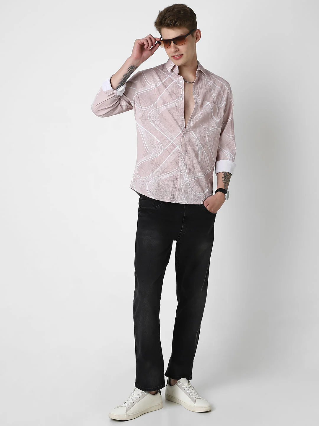 Creased Almond Beige Abstract Printed Shirt - Image 8