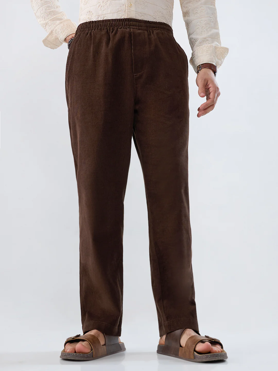 Dark Mocha Brown Corduroy Tapered Trousers - Image 4