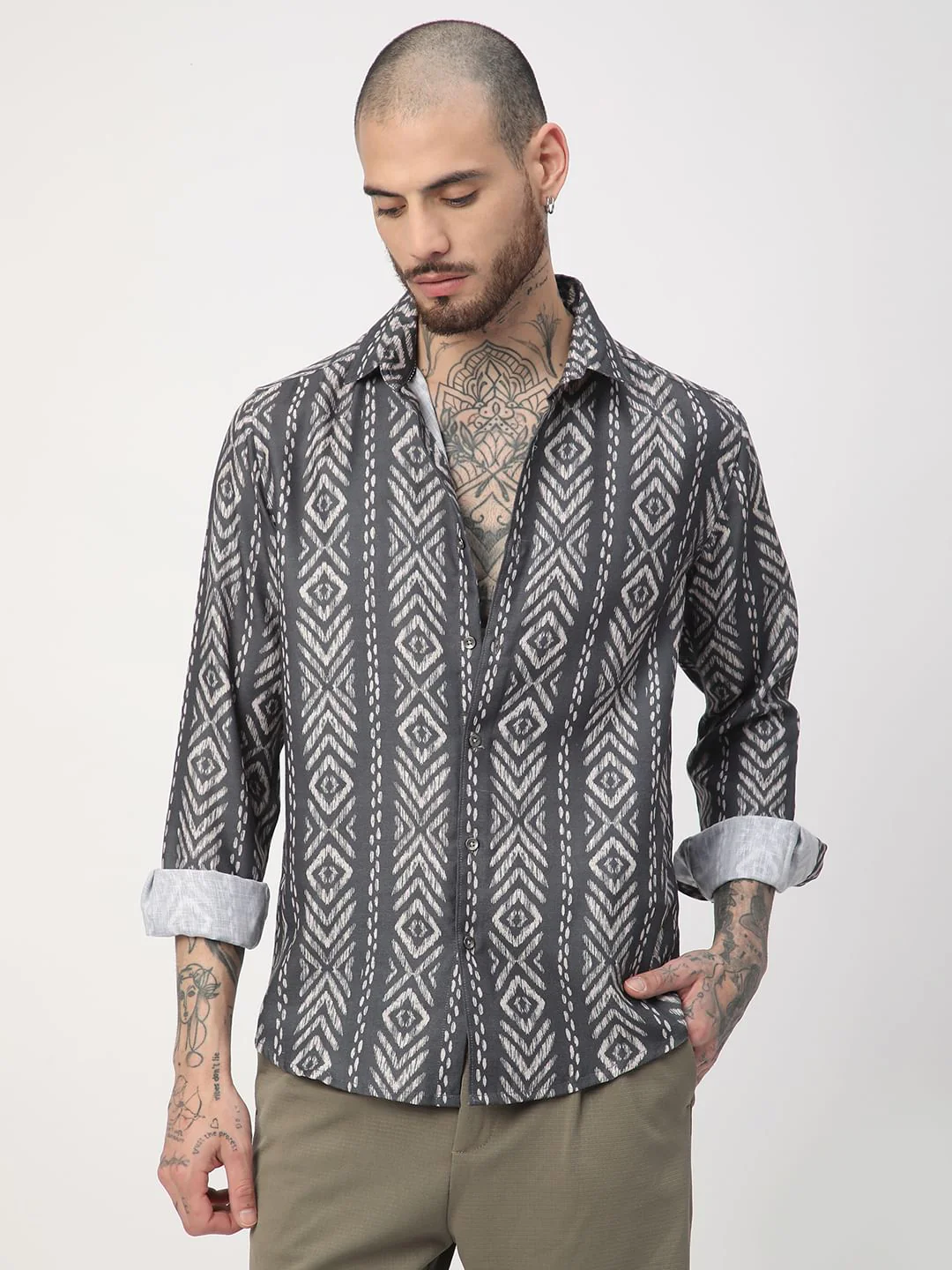Dark Slate Grey Ikat Printed Shirt