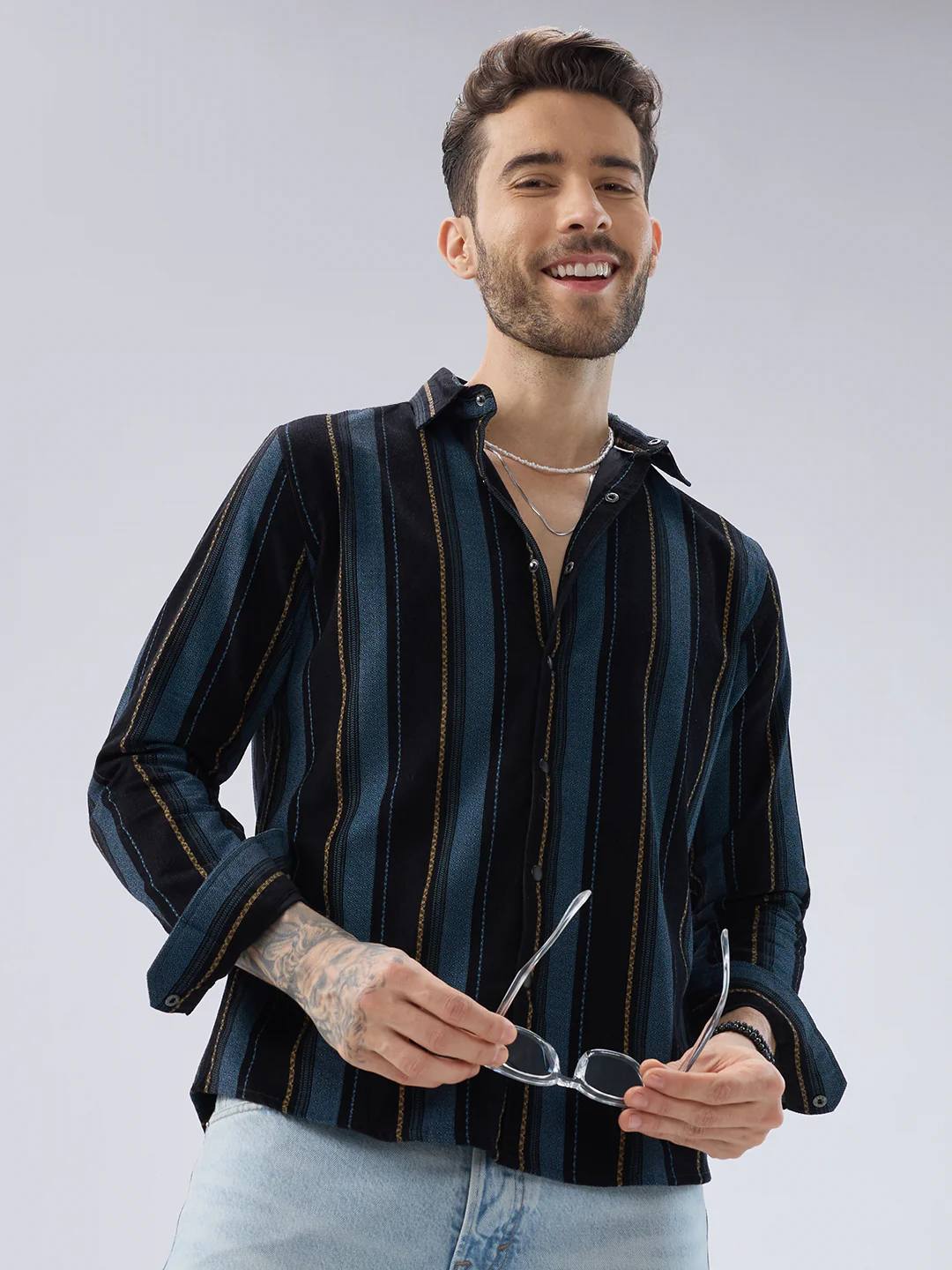 Deep Blue Embellished Corduroy Striped Shirt - Image 2