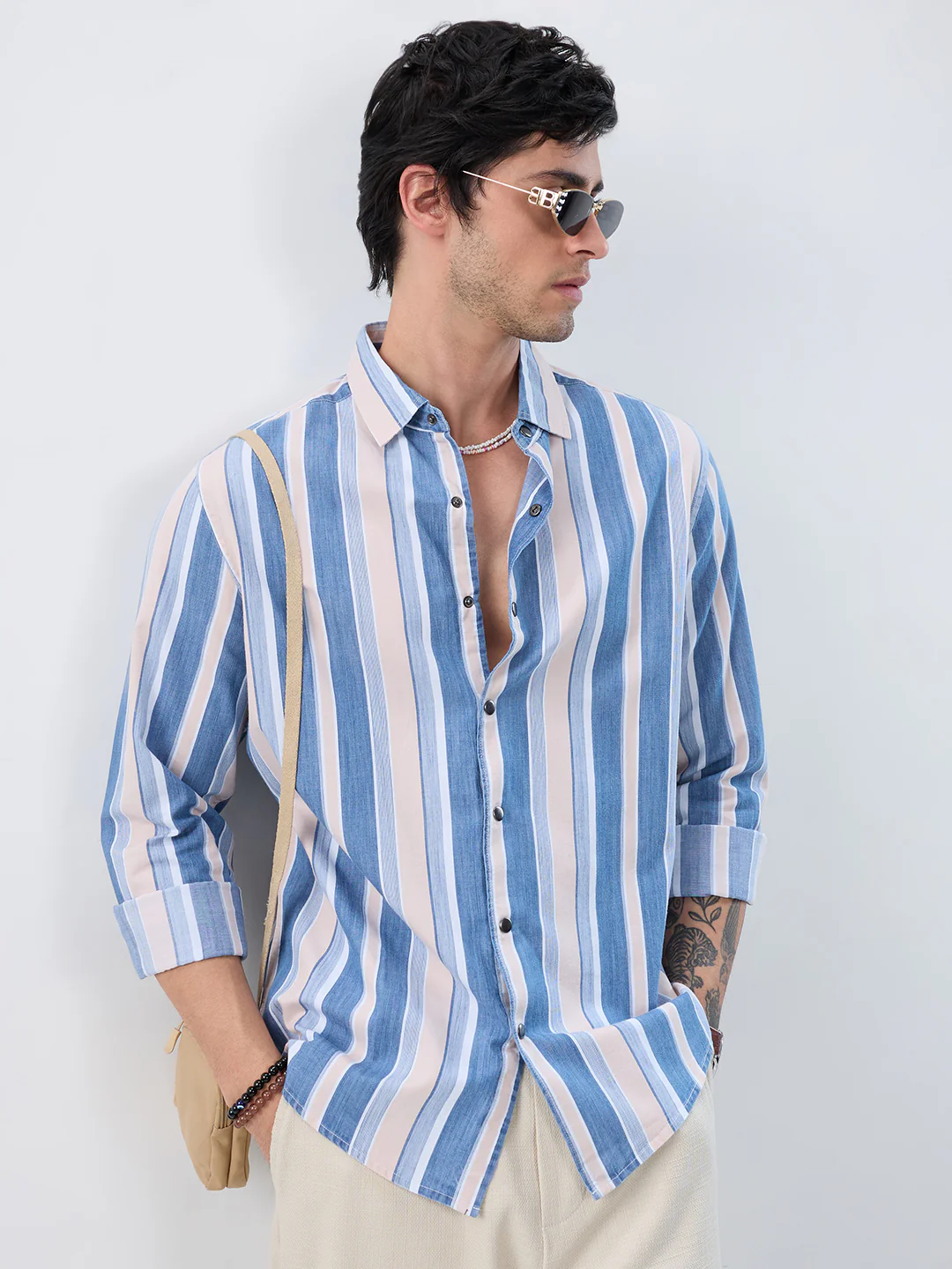 Denim Blue & Peach Broad Striped Shirt - Image 2