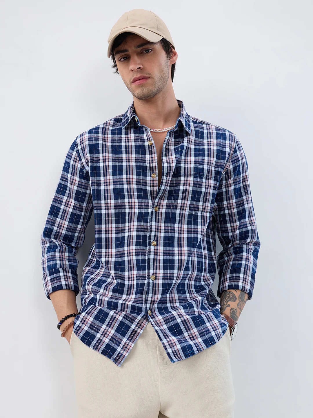 Denim White & Navy Herringbone Plaid Checks Shirt