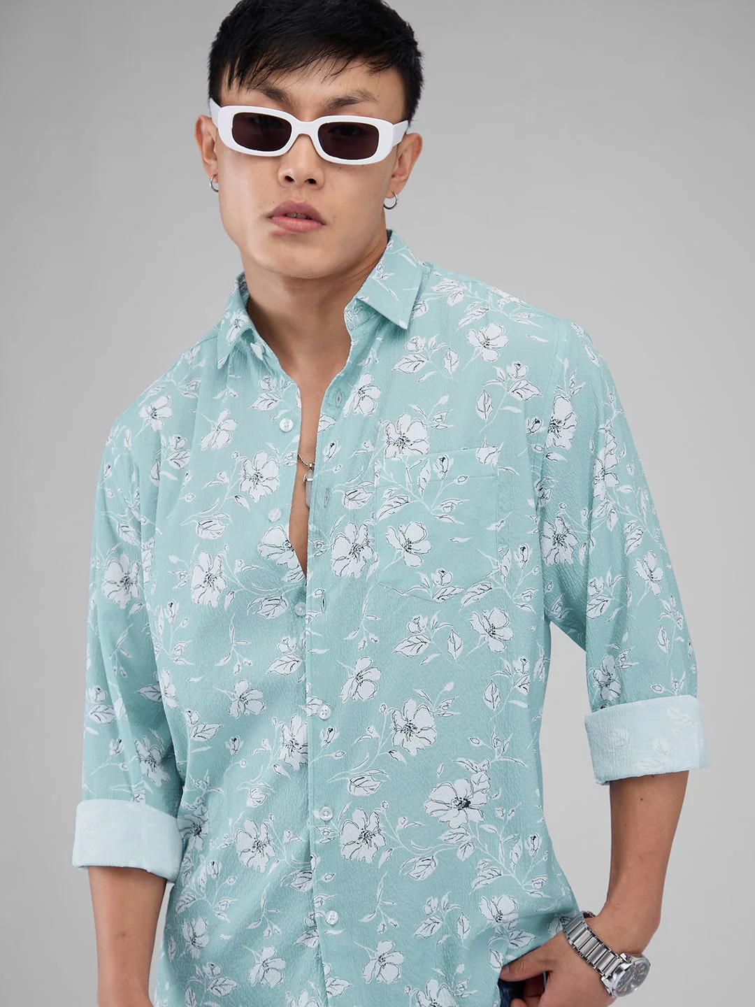 Electric Blue Floral Printed Crushed Shirt - Image 3