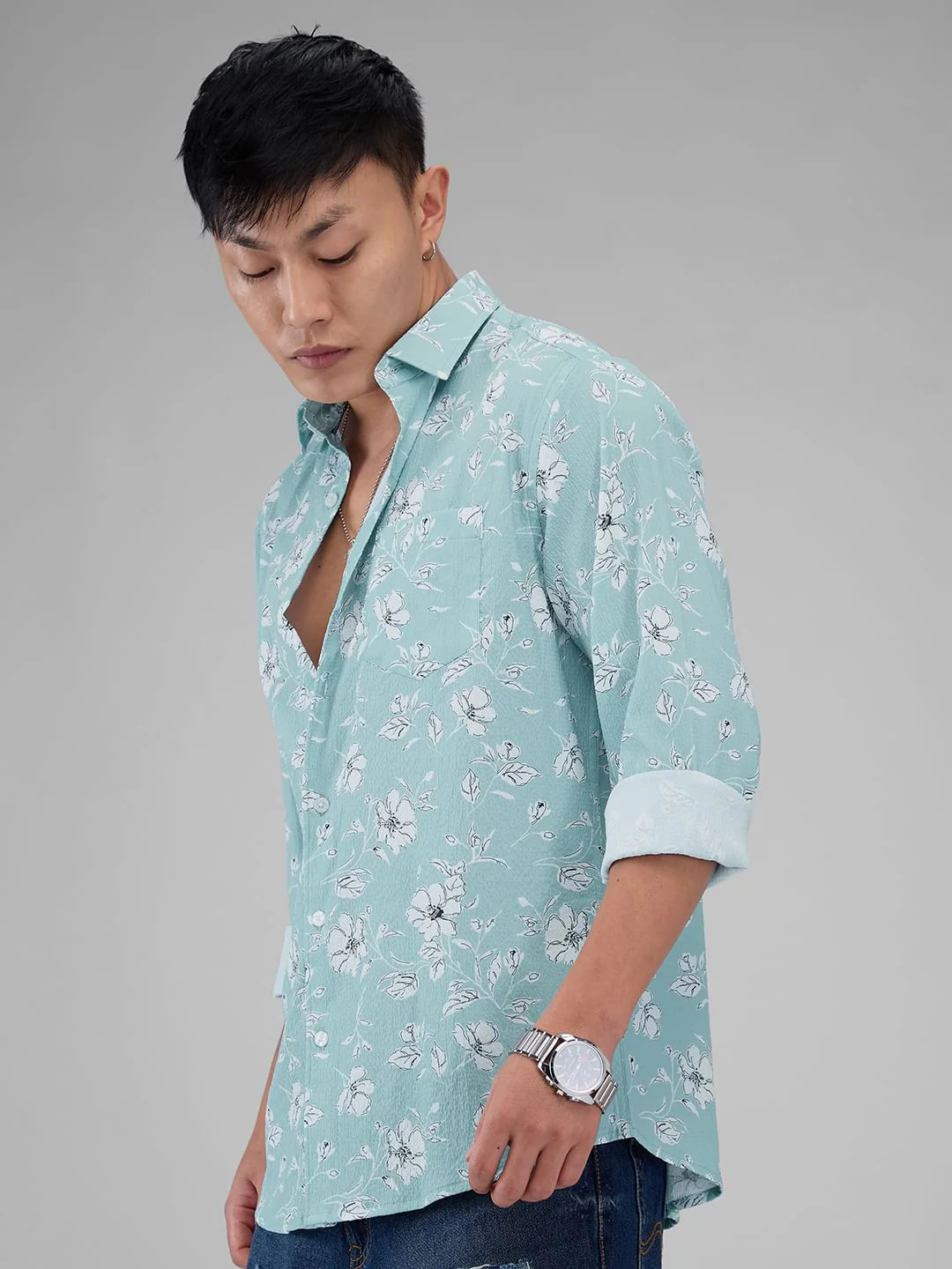 Electric Blue Floral Printed Crushed Shirt - Image 4