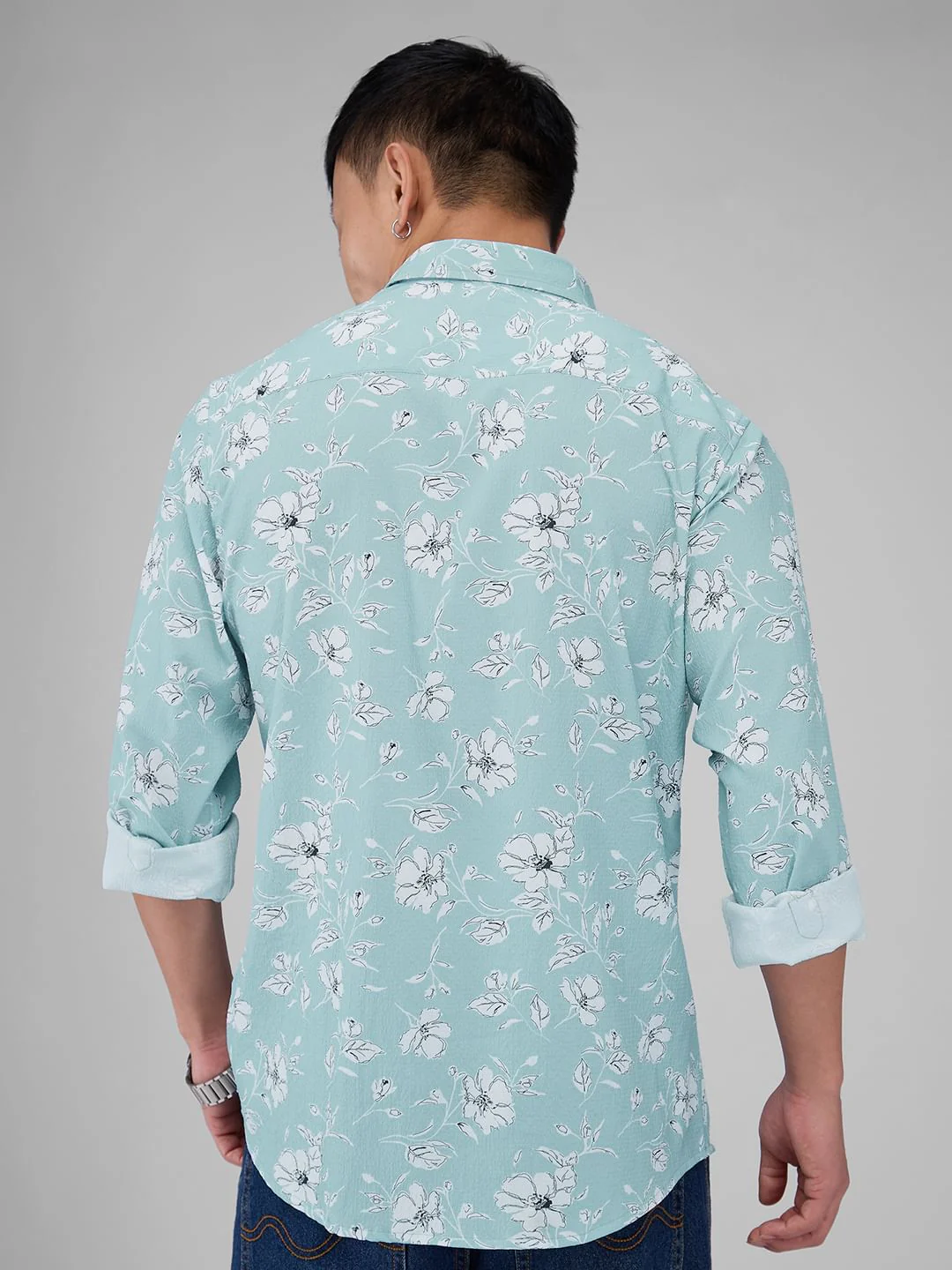 Electric Blue Floral Printed Crushed Shirt - Image 5