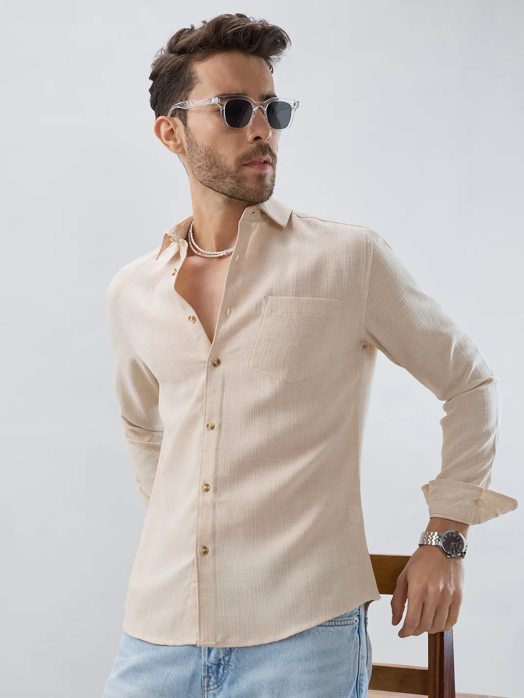 Elegant Cream Slub Textured Shirt