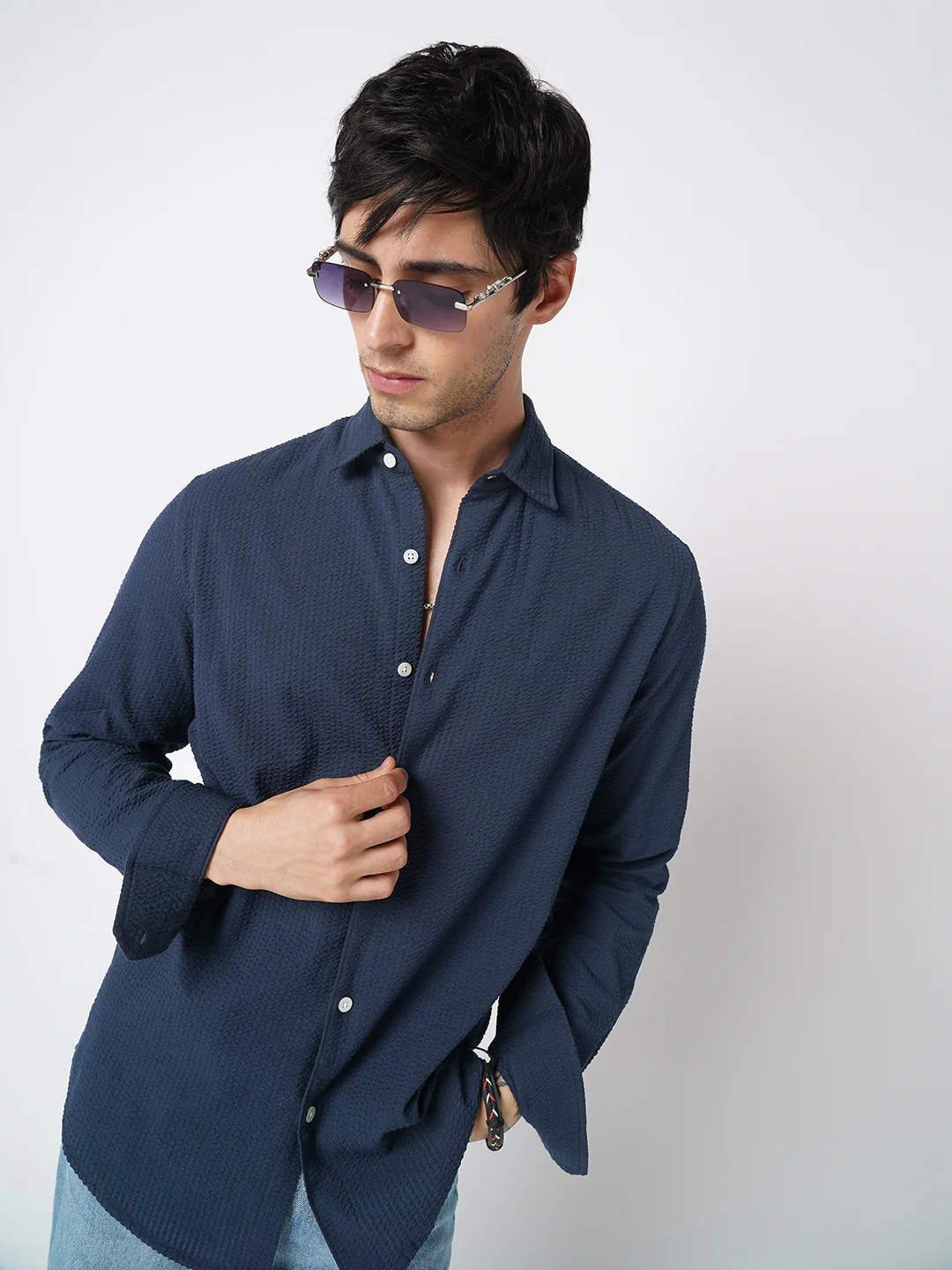 Elegant Navy Seersucker Shirt - Image 4