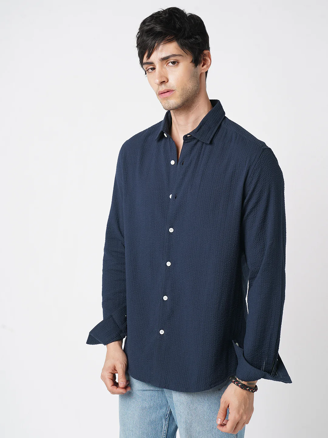 Elegant Navy Seersucker Shirt - Image 6