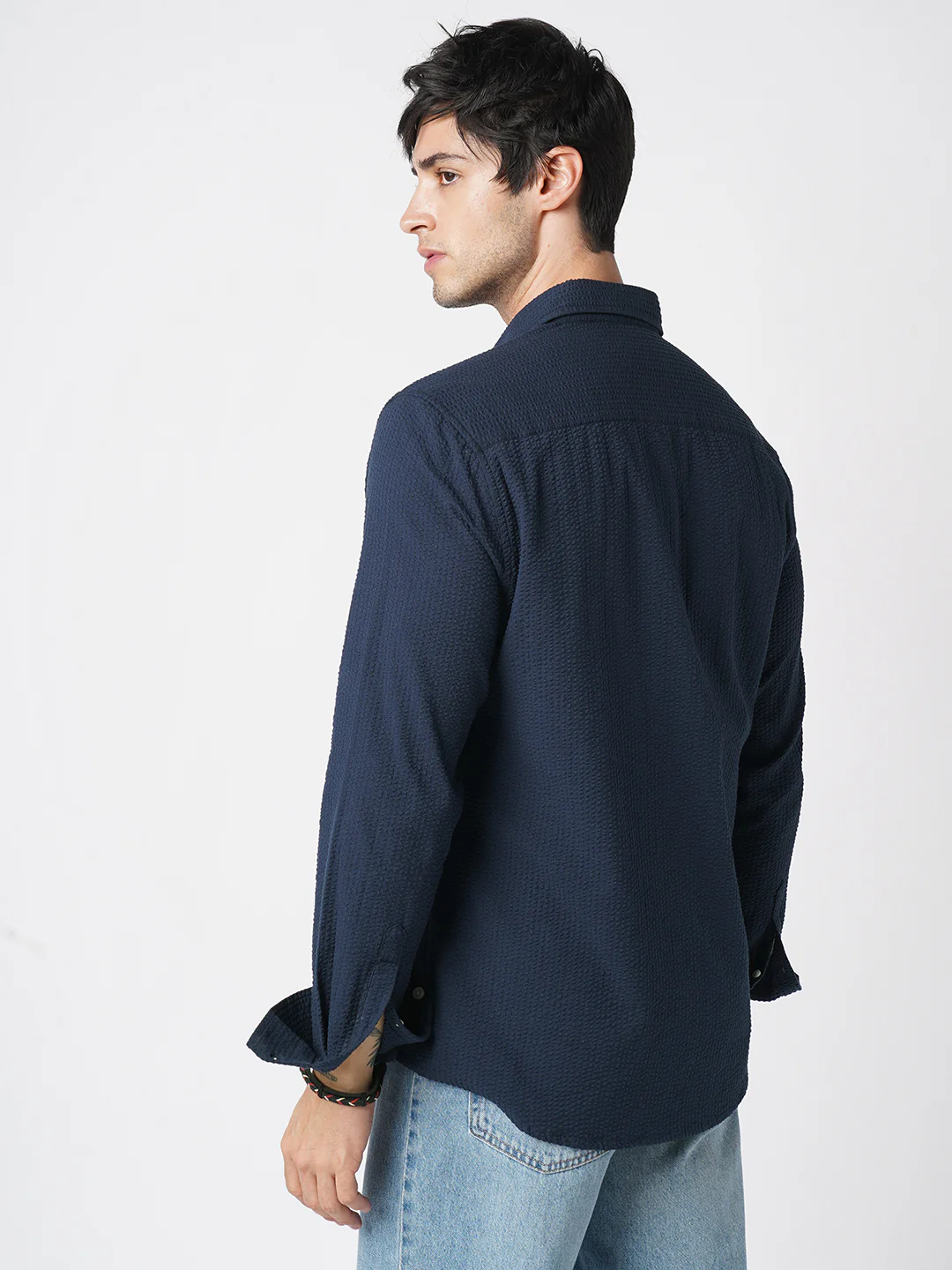 Elegant Navy Seersucker Shirt - Image 7