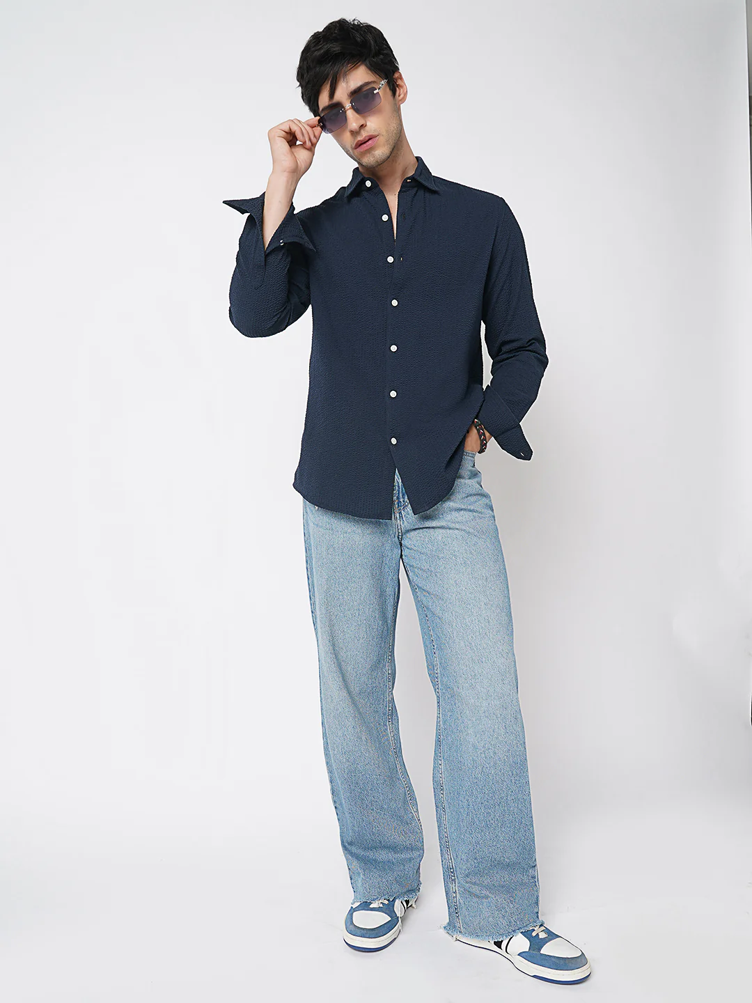 Elegant Navy Seersucker Shirt - Image 8