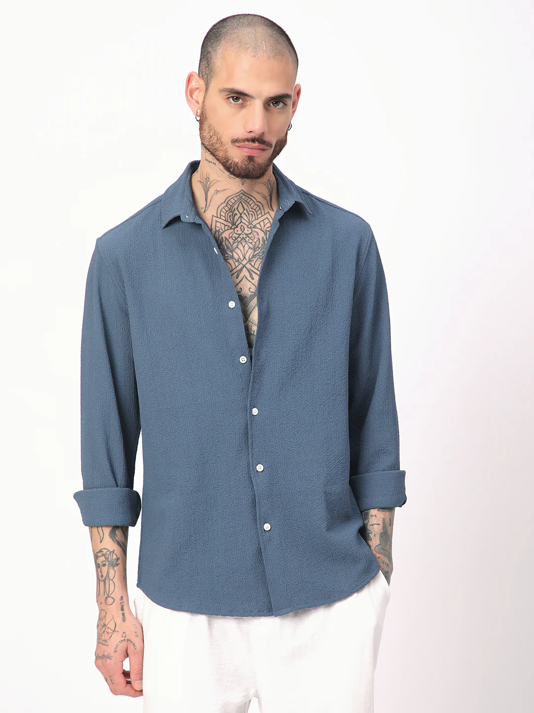 Elegant Prussian Blue Creased Shirt - Image 3