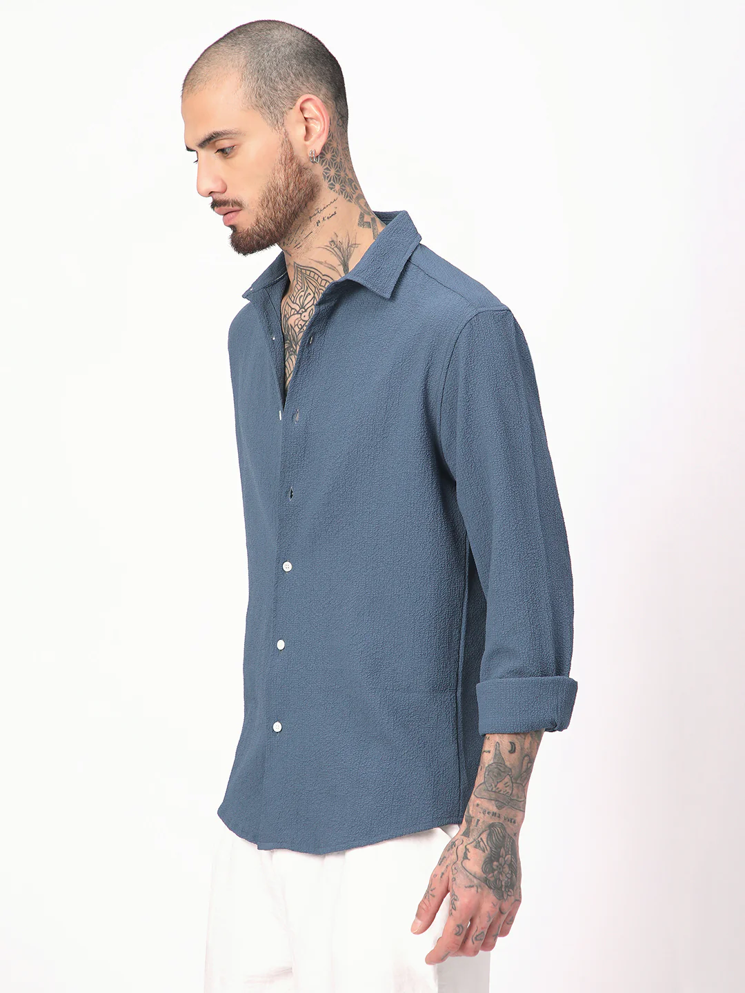 Elegant Prussian Blue Creased Shirt - Image 4