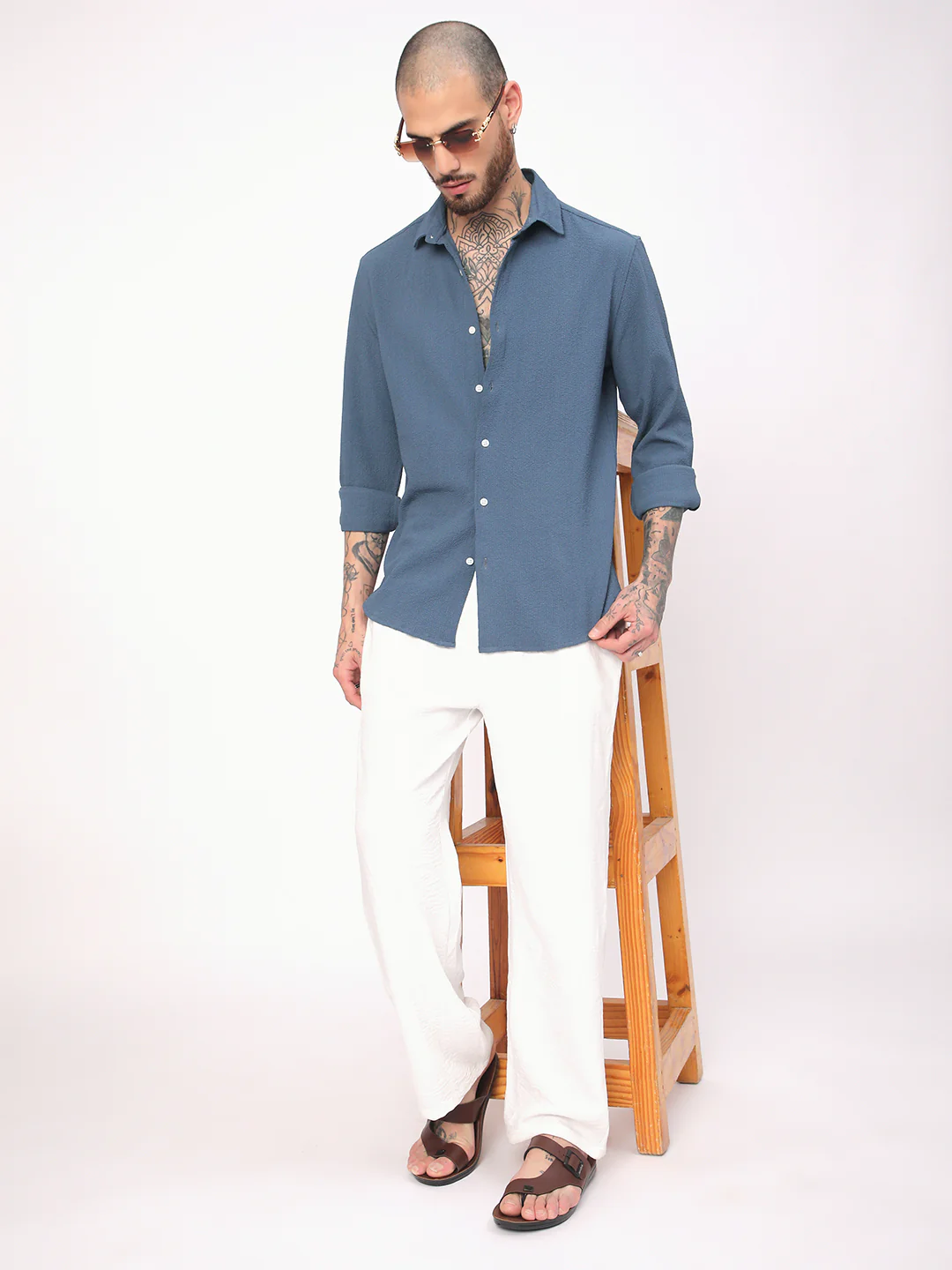 Elegant Prussian Blue Creased Shirt - Image 6