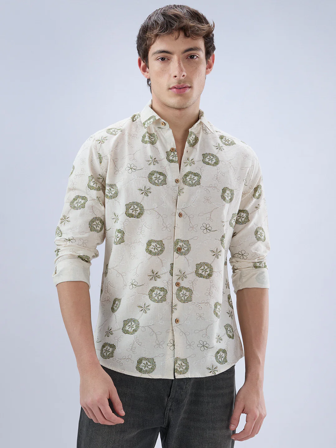 Elegant Warm Beige & Green Embroidered Linen Blend Statement Shirt - Image 4